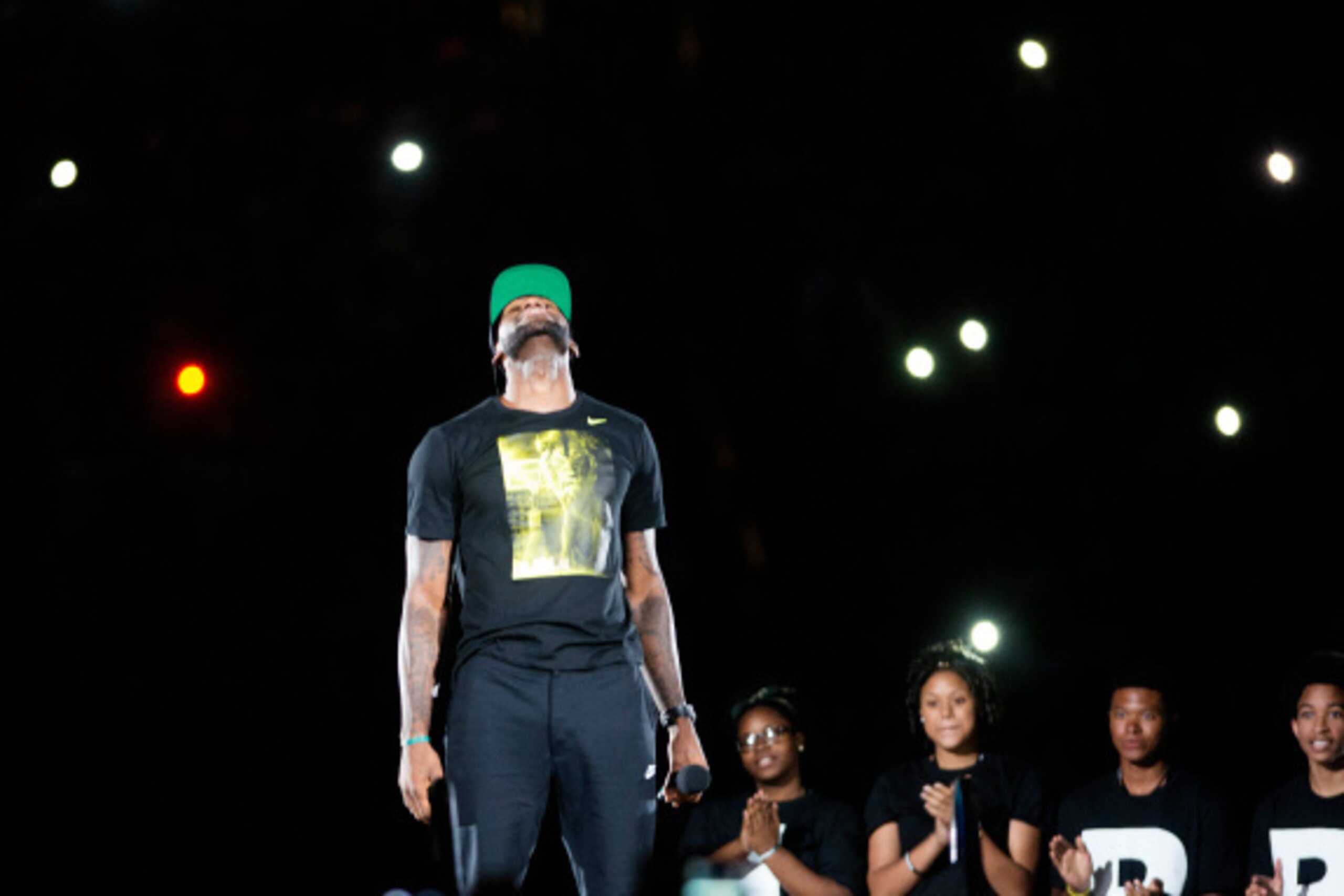 AKRON, OH - AUGUST 08: LeBron James speaks to his fans in the city of Akron after taking the stage during his Welcome Home Ceremony at Infocision Stadium at the University of Akron on August 8, 2014 in Akron, Ohio. (Photo by Ty Wright/Getty Images)