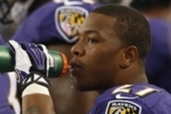 Aug 16, 2014; Arlington, TX, USA; Baltimore Ravens running back Ray Rice (27) on the sidelines during the game against the Dallas Cowboys at AT&T Stadium. Mandatory Credit: Matthew Emmons-USA TODAY Sports