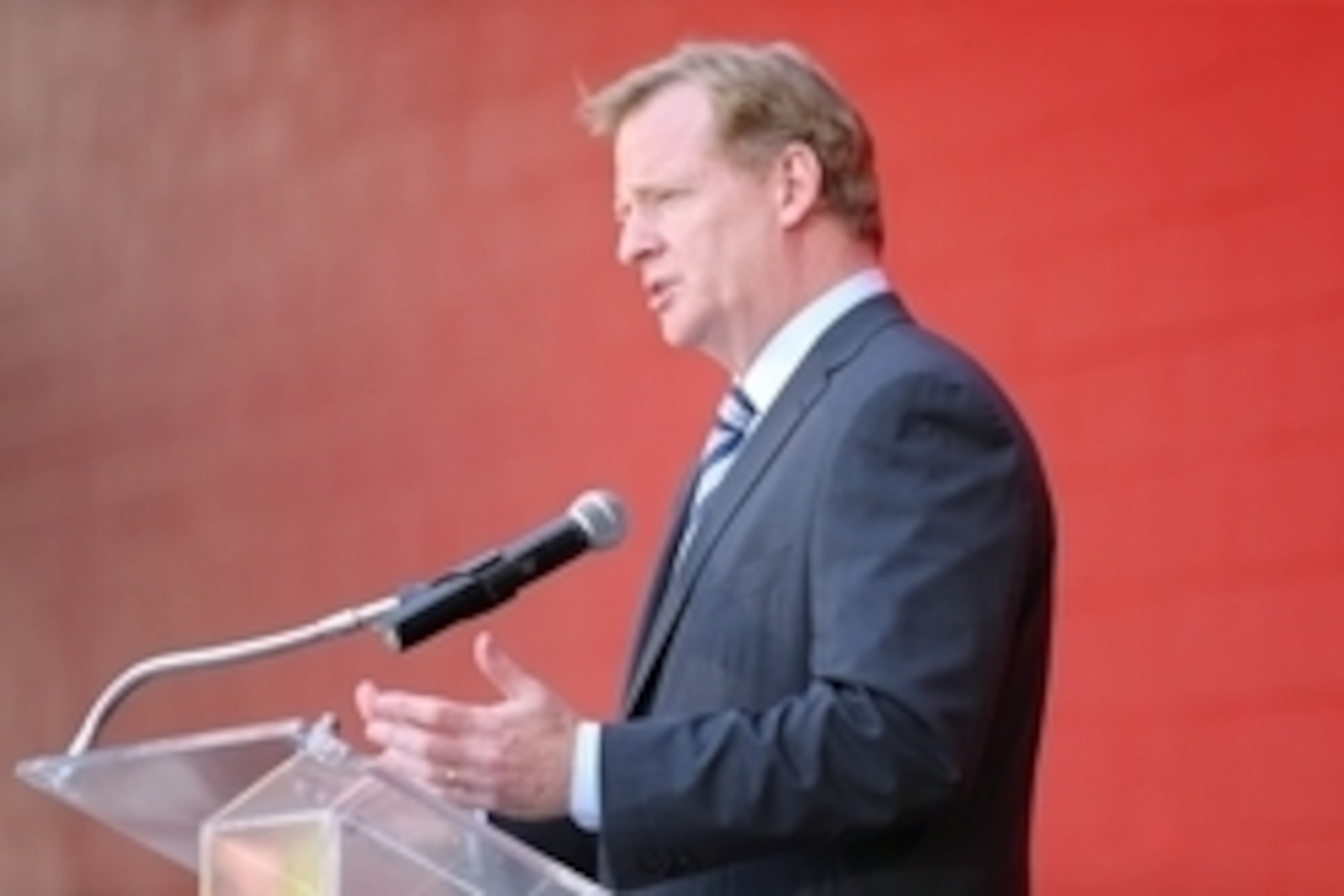Jul 17, 2014; Santa Clara, CA, USA; NFL commisioner Roger Goodell speaks during a press conference before the ribbon cutting ceremony at Levi's Stadium. Mandatory Credit: Kelley L Cox-USA TODAY Sports Jul 17, 2014; Santa Clara, CA, USA; NFL commisioner Roger Goodell speaks during a press conference before the ribbon cutting ceremony at Levi's Stadium. Mandatory Credit: Kelley L Cox-USA TODAY Sports