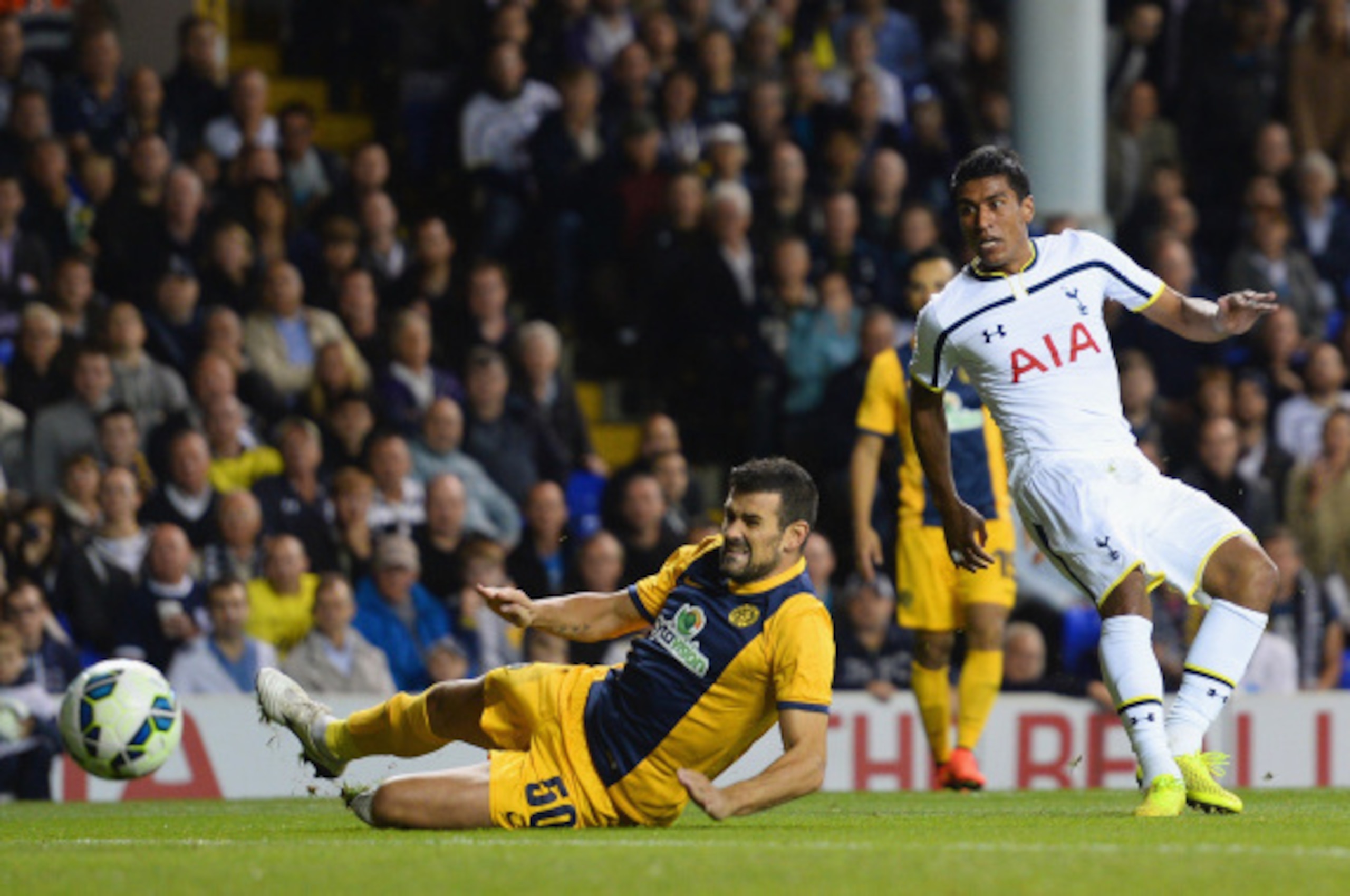 LONDON, ENGLAND - AUGUST 28: Paulinho of Spurs scores their second goal during the UEFA Europa League Qualifying Play-Offs Round Second Leg match between Tottenham Hotspur and AEL Limassol FC on August 28, 2014 in London, United Kingdom. (Photo by Jamie LONDON, ENGLAND - AUGUST 28: Paulinho of Spurs scores their second goal during the UEFA Europa League Qualifying Play-Offs Round Second Leg match between Tottenham Hotspur and AEL Limassol FC on August 28, 2014 in London, United Kingdom. (Photo by Jamie