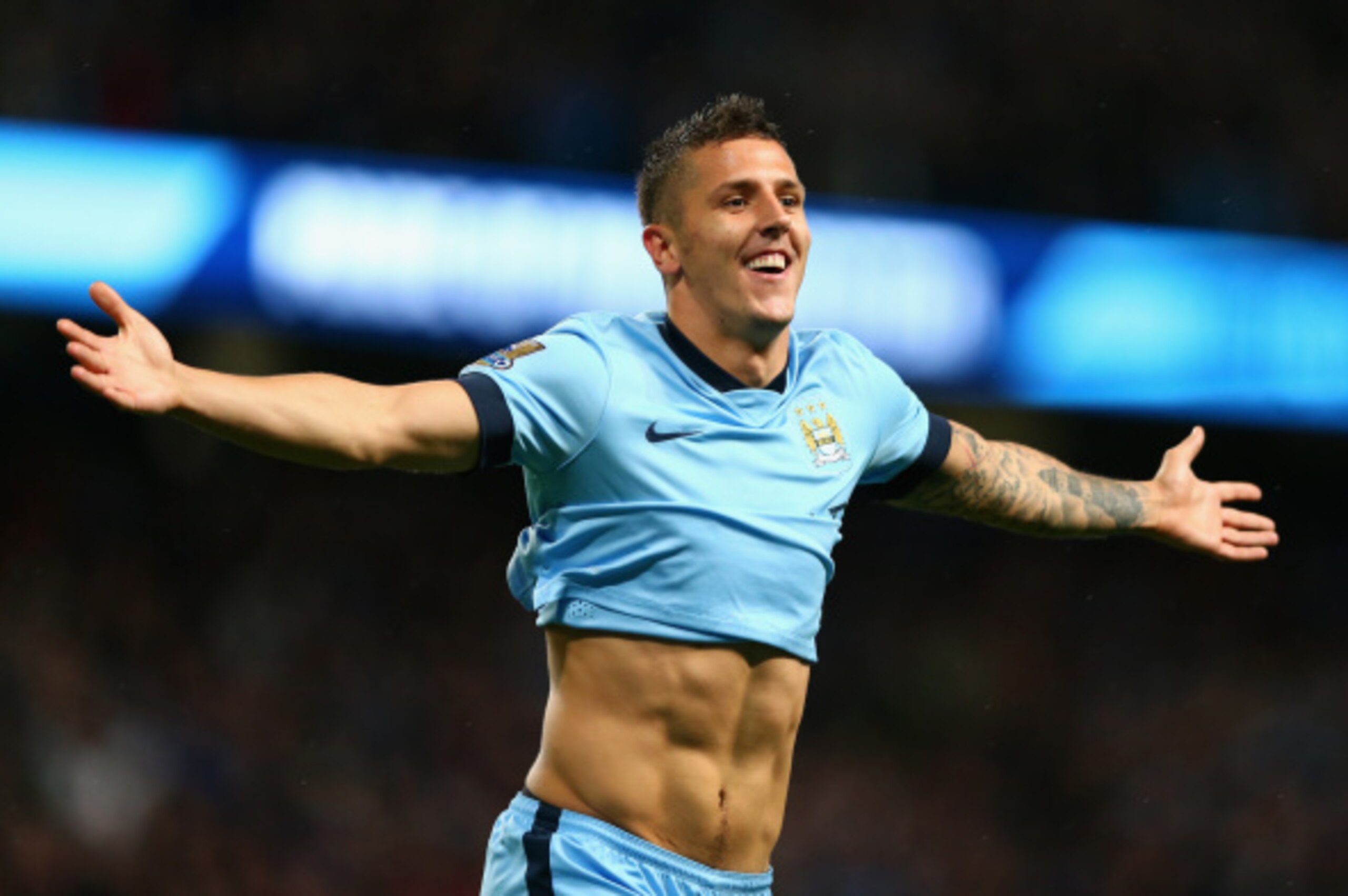 MANCHESTER, ENGLAND - AUGUST 25:  Stevan Jovetic of Manchester City celebrates scoring the second goal during the Barclays Premier League match between Manchester City and Liverpool at the Etihad Stadium on August 25, 2014 in Manchester, England.  (Photo 