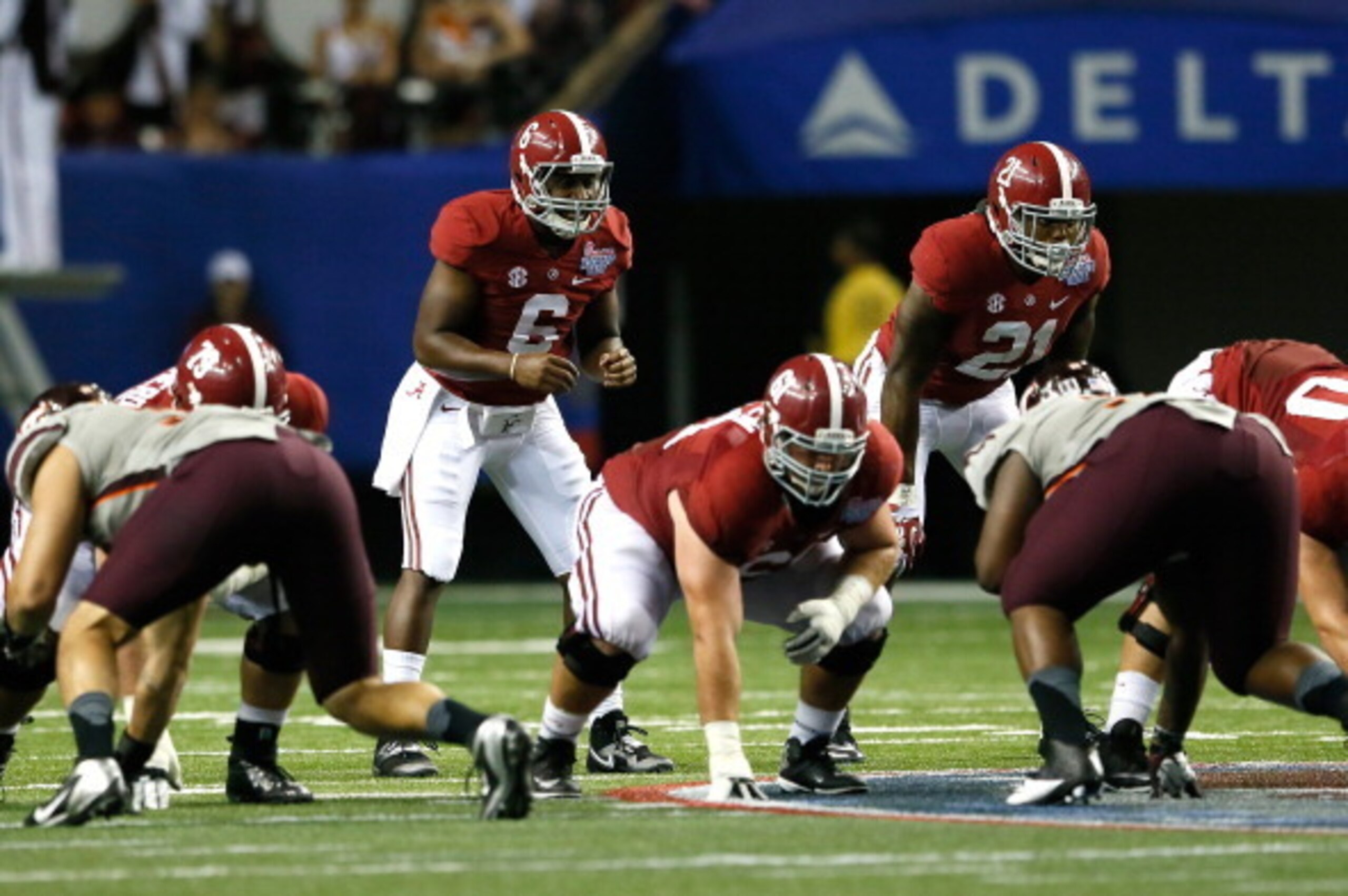 ATLANTA, GA - AUGUST 31: Blake Sims #6 of the Alabama Crimson Tide against the Virginia Tech Hokies at Georgia Dome on August 31, 2013 in Atlanta, Georgia. (Photo by Kevin C. Cox/Getty Images) ATLANTA, GA - AUGUST 31: Blake Sims #6 of the Alabama Crimson Tide against the Virginia Tech Hokies at Georgia Dome on August 31, 2013 in Atlanta, Georgia. (Photo by Kevin C. Cox/Getty Images)