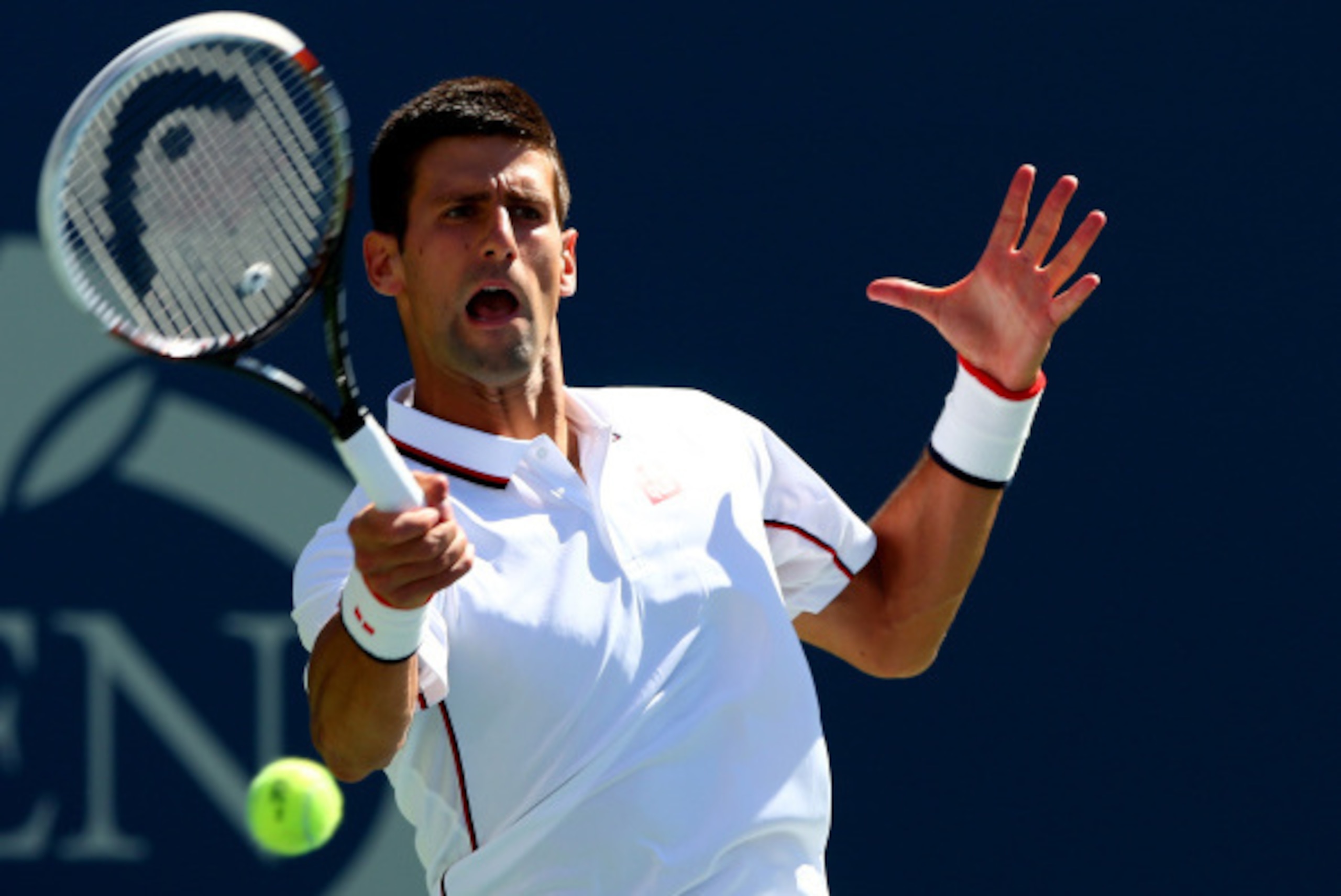 NEW YORK, NY - AUGUST 28:  Novak Djokovic of Serbia returns a shot against Paul-Henri Mathieu of France during their men's second round match on Day Four of the 2014 US Open at the USTA Billie Jean King National Tennis Center on August 28, 2014 in the Flu