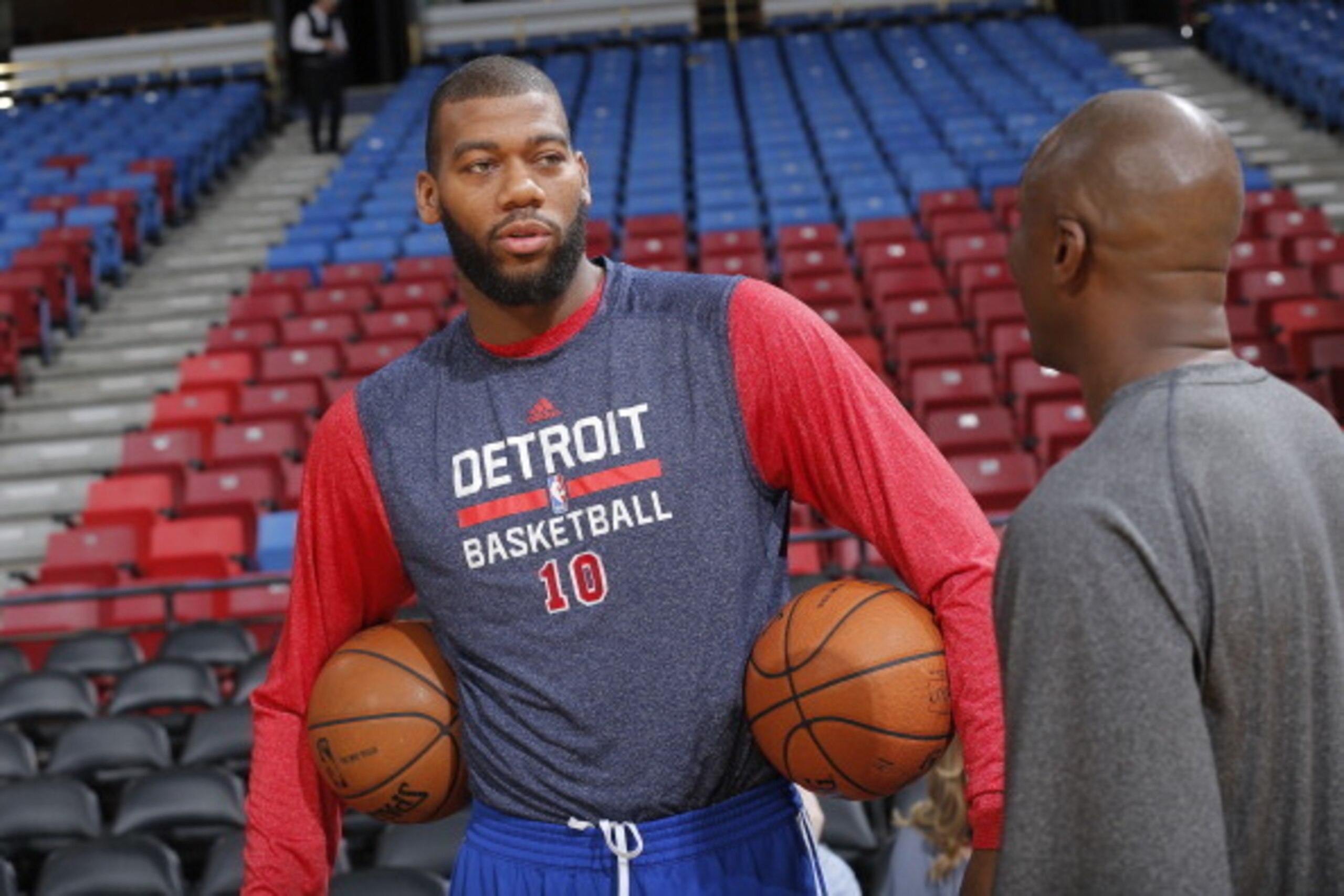 SACRAMENTO, CA - NOVEMBER 15: Greg Monroe #10 of the Detroit Pistons warms up prior to the game against the Sacramento Kings on November 15, 2013 at Sleep Train Arena in Sacramento, California. NOTE TO USER: User expressly acknowledges and agrees that, by