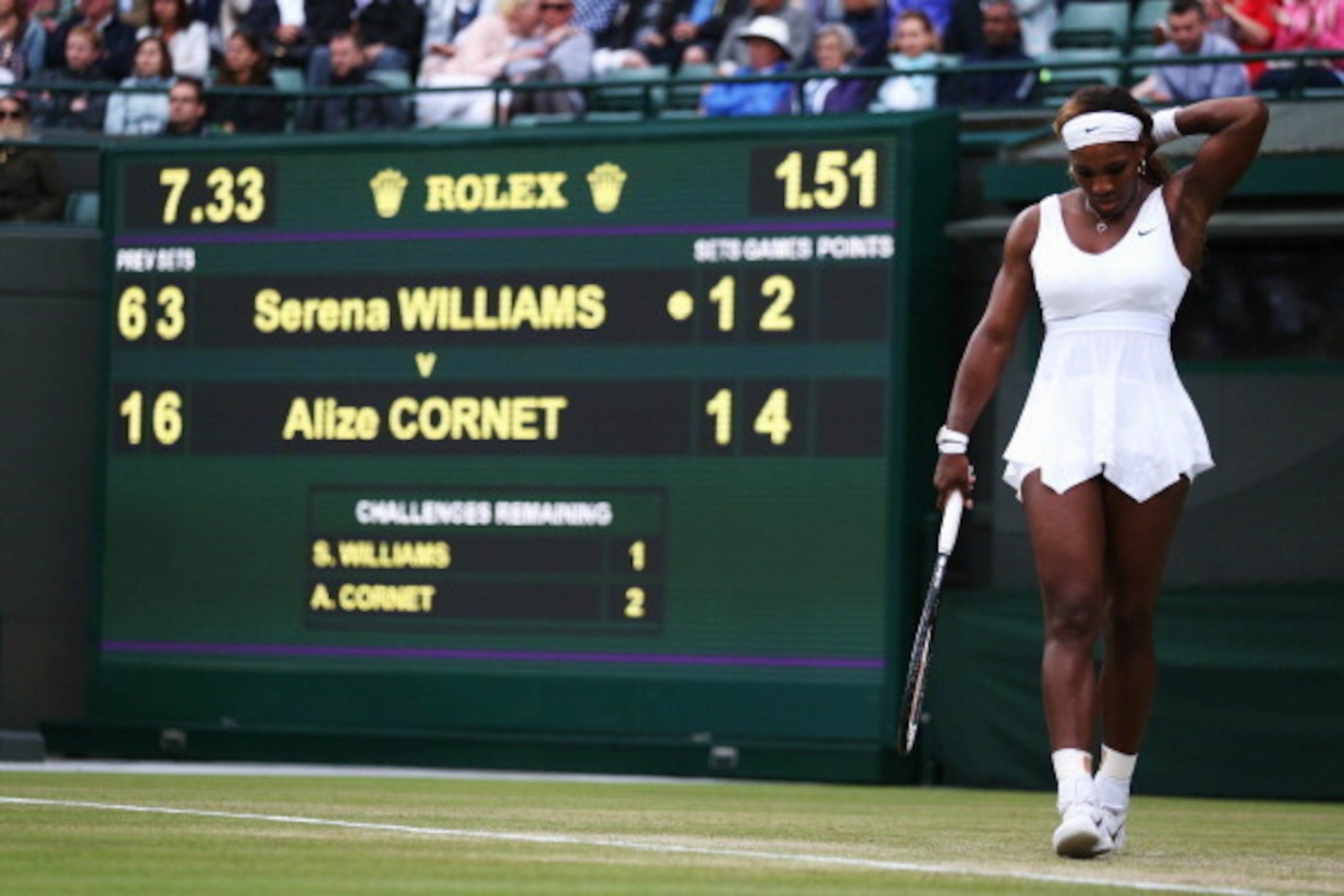 LONDON, ENGLAND - JUNE 28:  Serena Williams of the United States reacts during her Ladies' Singles third round match against Alize Cornet of France on day six of the Wimbledon Lawn Tennis Championships at the All England Lawn Tennis and Croquet Club at Wi