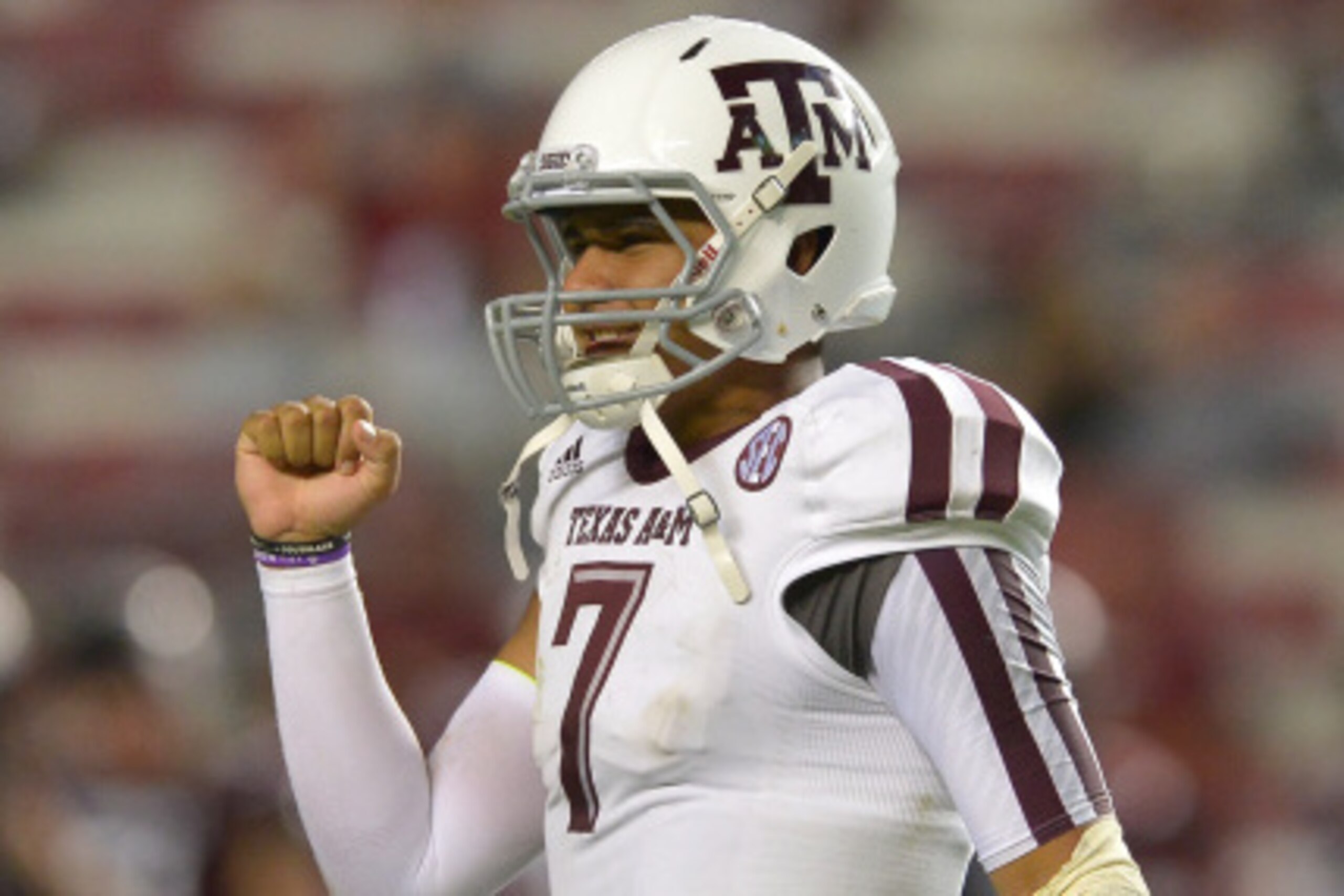 COLUMBIA, SC - AUGUST 28:  Kenny Hill #7 of the Texas A&M Aggies reacts a time expires in a win over the South Carolina Gamecocks at Williams-Brice Stadium on August 28, 2014 in Columbia, South Carolina. Texas A&M won 52-28.  (Photo by Grant Halverson/Get