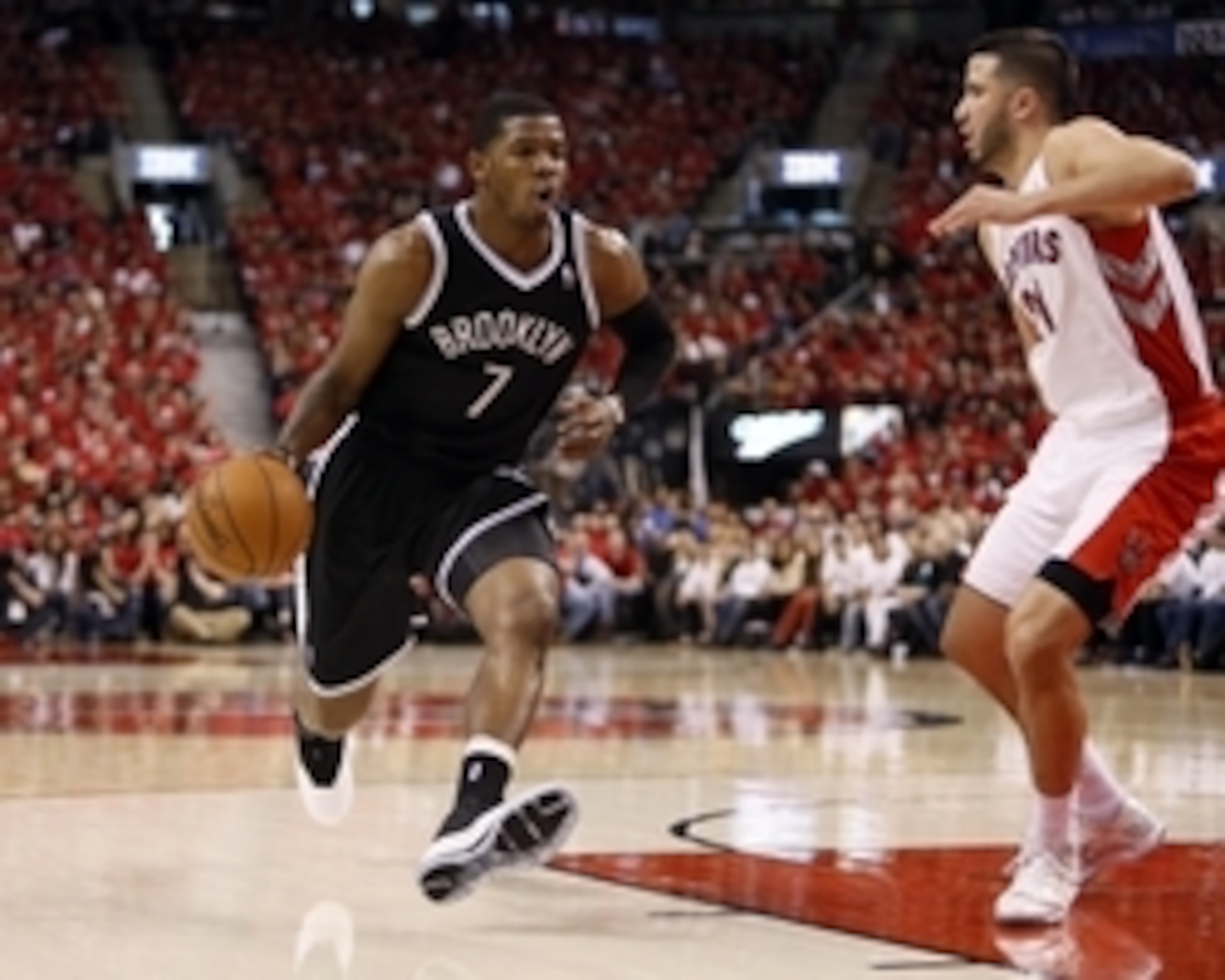 May 4, 2014; Toronto, Ontario, CAN; Brooklyn Nets guard Joe Johnson (7) drives to the net against Toronto Raptors guard Greivis Vasquez (21) in game seven of the first round of the 2014 NBA Playoffs at the Air Canada Centre. Brooklyn defeated Toronto 104- May 4, 2014; Toronto, Ontario, CAN; Brooklyn Nets guard Joe Johnson (7) drives to the net against Toronto Raptors guard Greivis Vasquez (21) in game seven of the first round of the 2014 NBA Playoffs at the Air Canada Centre. Brooklyn defeated Toronto 104-