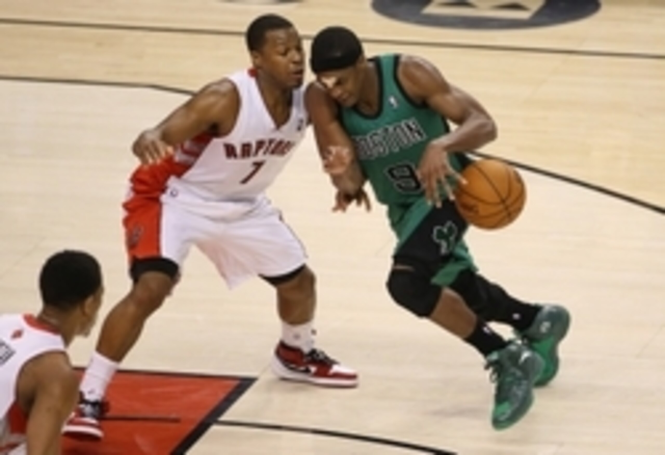 Mar 28, 2014; Toronto, Ontario, CAN; Boston Celtics guard Rajon Rondo (9) goes to the basket against Toronto Raptors guard Kyle Lowry (7) at Air Canada Centre. Mandatory Credit: Tom Szczerbowski-USA TODAY Sports Mar 28, 2014; Toronto, Ontario, CAN; Boston Celtics guard Rajon Rondo (9) goes to the basket against Toronto Raptors guard Kyle Lowry (7) at Air Canada Centre. Mandatory Credit: Tom Szczerbowski-USA TODAY Sports