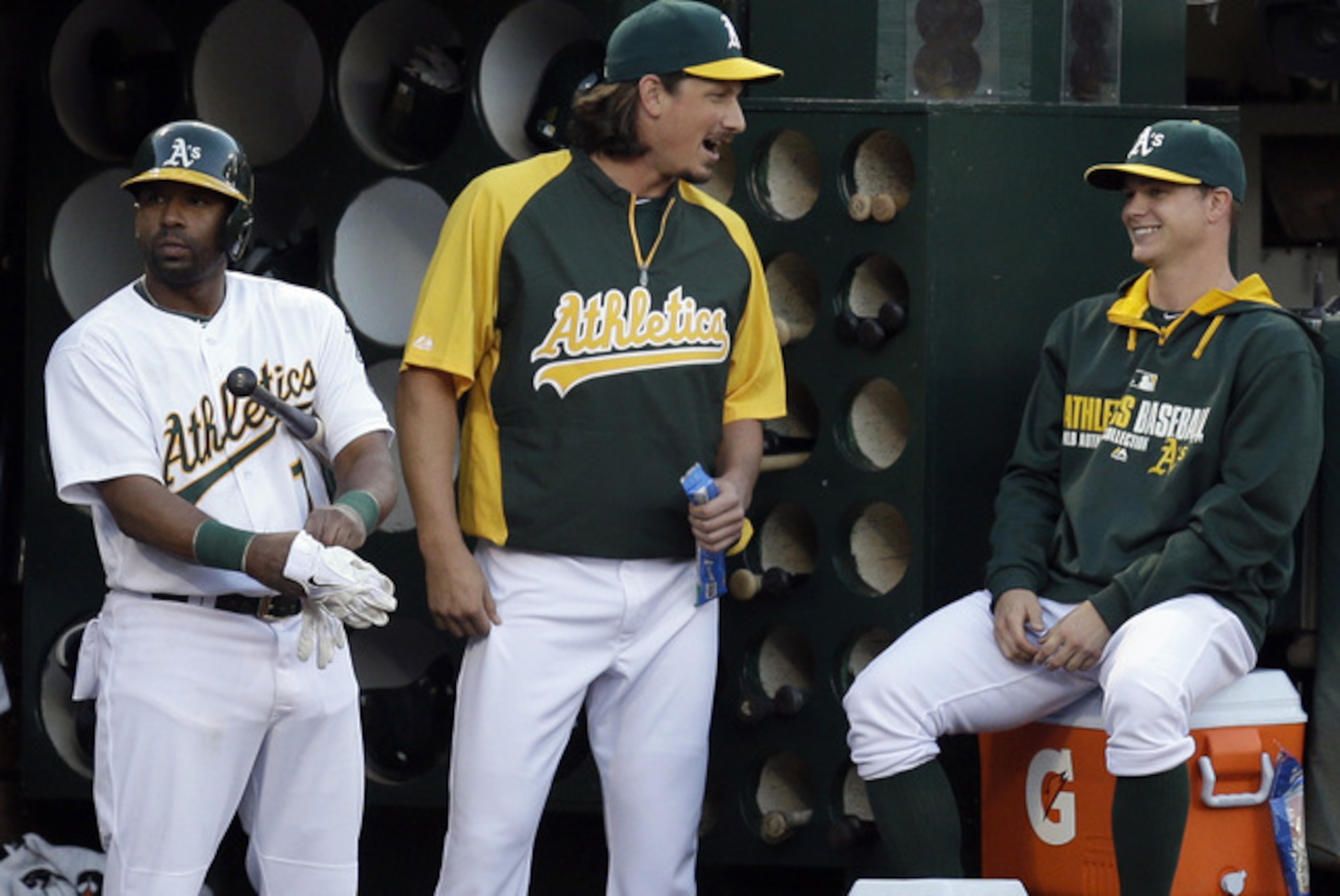 Not all laughter for A's pitching; Samardzija (middle) has seen his ERA and FIP jump from 2.83 and 3.09 with Chicago to 3.86 and 3.91 since joining Oakland. Sonny Gray (right), meanwhile, has gone 13-7 with a 3.03 to lead the staff.