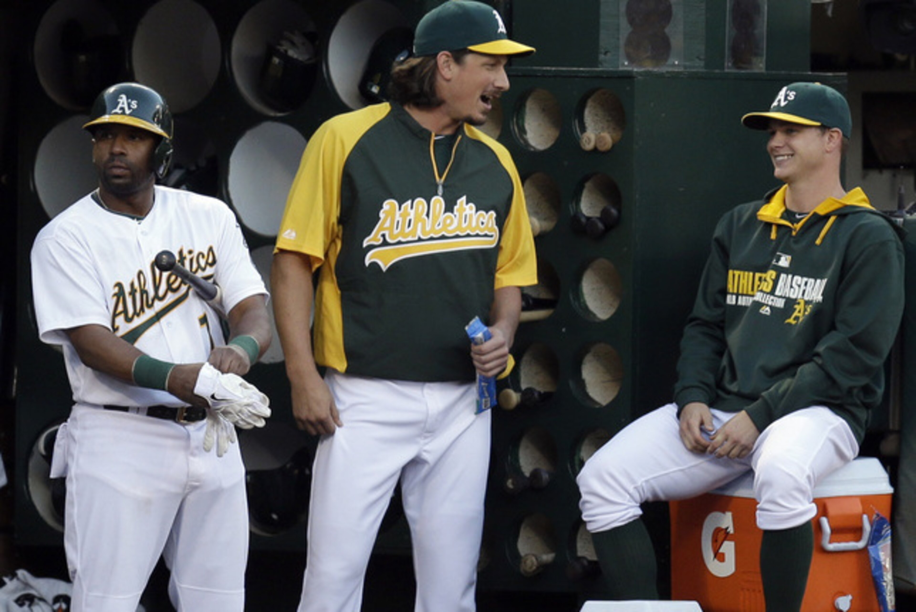 Not all laughter for A's pitching; Samardzija (middle) has seen his ERA and FIP jump from 2.83 and 3.09 with Chicago to 3.86 and 3.91 since joining Oakland. Sonny Gray (right), meanwhile, has gone 13-7 with a 3.03 to lead the staff.