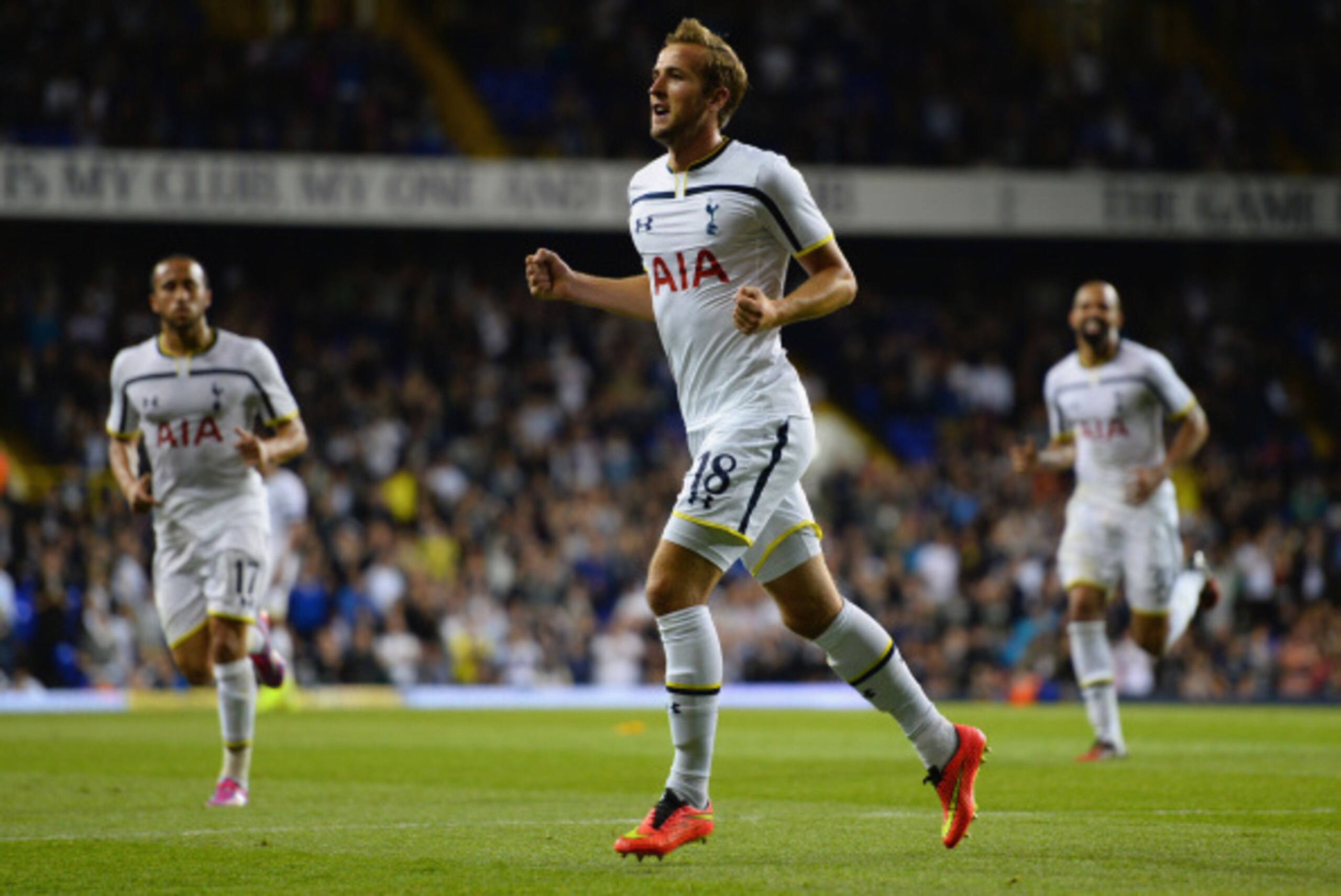 LONDON, ENGLAND - AUGUST 28: Harry Kane of Spurs celebrates scoring their first goal during the UEFA Europa League Qualifying Play-Offs Round Second Leg match between Tottenham Hotspur and AEL Limassol FC on August 28, 2014 in London, United Kingdom. (P LONDON, ENGLAND - AUGUST 28: Harry Kane of Spurs celebrates scoring their first goal during the UEFA Europa League Qualifying Play-Offs Round Second Leg match between Tottenham Hotspur and AEL Limassol FC on August 28, 2014 in London, United Kingdom. (P