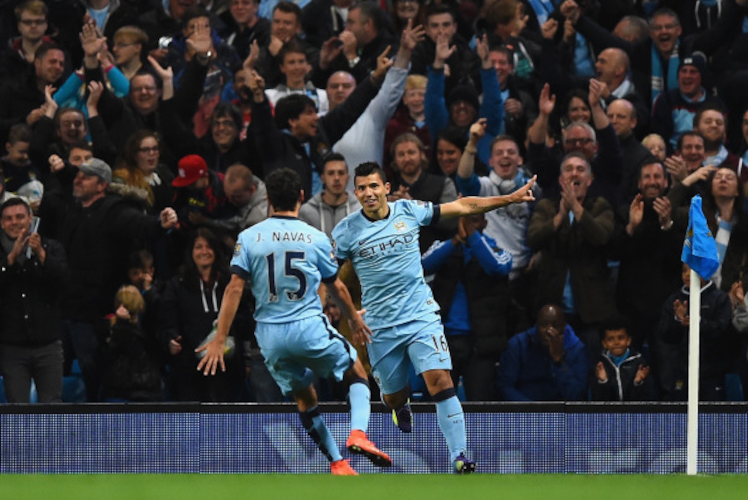 MANCHESTER, ENGLAND - AUGUST 25:  Sergio Aguero of Manchester City celebrates scoring the third goal during the Barclays Premier League match between Manchester City and Liverpool at the Etihad Stadium on August 25, 2014 in Manchester, England.  (Photo by