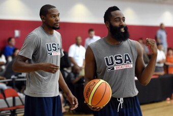 LAS VEGAS, NV - JULY 30:  Kevin Durant #52 (L) and James Harden #32 of the 2014 USA Basketball Men's National Team set up a drill during a practice session at the Mendenhall Center on July 30, 2014 in Las Vegas, Nevada.  (Photo by Ethan Miller/Getty Image
