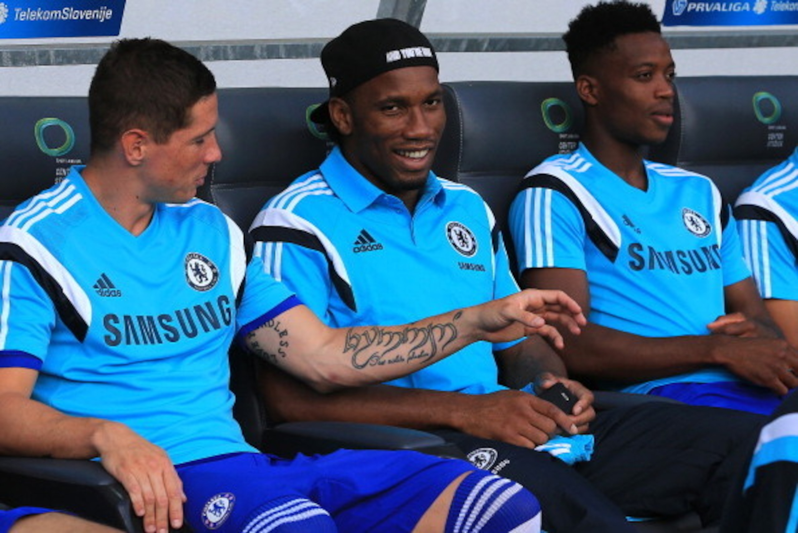 LJUBLJANA, SLOVENIA - JULY 27: Didier Drogba (R) and Fernando Torres (L) of FC Chelsea talk prior the Pre Season Friendly  match between FC Olimpija Ljubljana and FC Chelsea at Stozice stadium in Ljubljana, Slovenia on Sunday, July 27, 2014. (Photo by Srd
