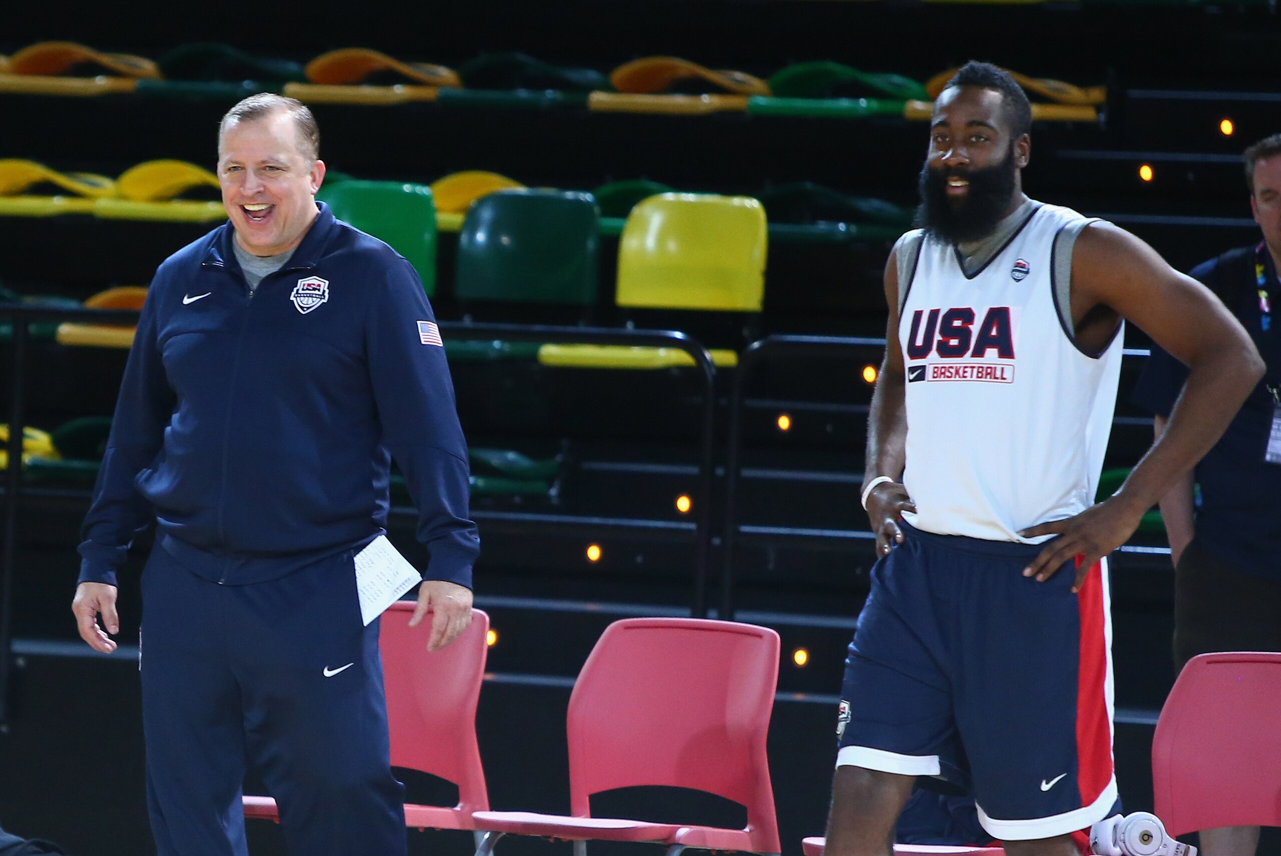 BILBAO, SPAIN - AUGUST 29:  Assistant Coach Tom Thibodeau and James Harden #13 of the USA Basketball Men's National Team during a practice for the FIBA World Cup at Bilbao Arena on August 29, 2014 in Bilbao, Spain.  NOTE TO USER: User expressly acknowledg
