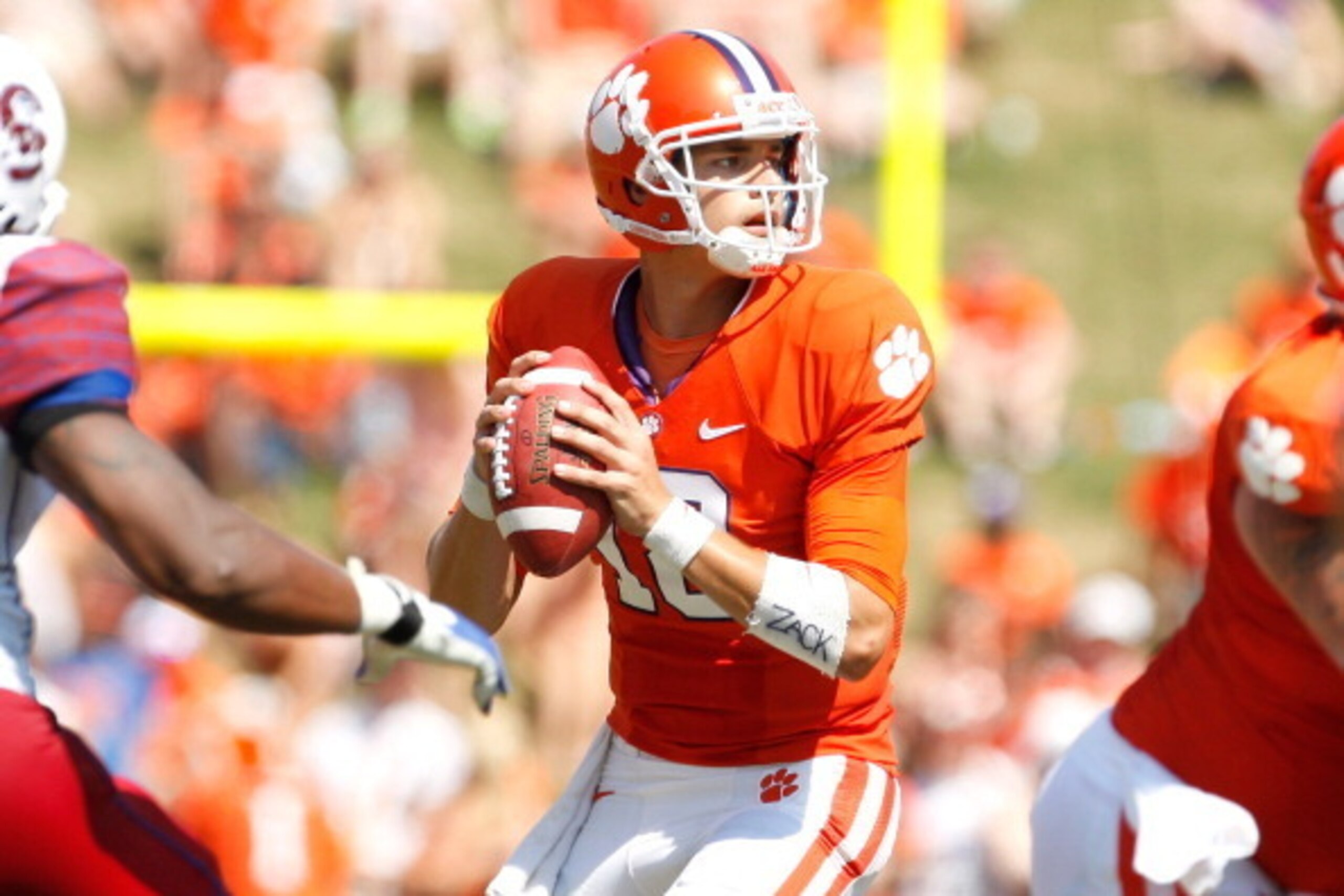 CLEMSON, SC - SEPTEMBER 7: Cole Stoudt #18 of the Clemson Tigers drops back for a pass during the game against the South Carolina State Bulldogs at Memorial Stadium on September 7, 2013 in Clemson, South Carolina. (Photo by Tyler Smith/Getty Images)