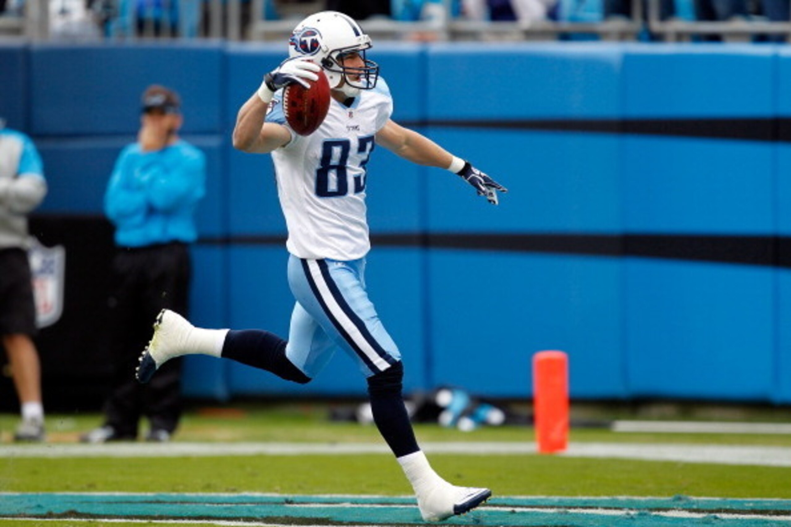 CHARLOTTE, NC - NOVEMBER 13: Marc Mariani #83 of the Tennessee Titans celebrates after returning a punt for a touchdown against the Carolina Panthers during their game at Bank of America Stadium on November 13, 2011 in Charlotte, North Carolina. (Photo CHARLOTTE, NC - NOVEMBER 13: Marc Mariani #83 of the Tennessee Titans celebrates after returning a punt for a touchdown against the Carolina Panthers during their game at Bank of America Stadium on November 13, 2011 in Charlotte, North Carolina. (Photo
