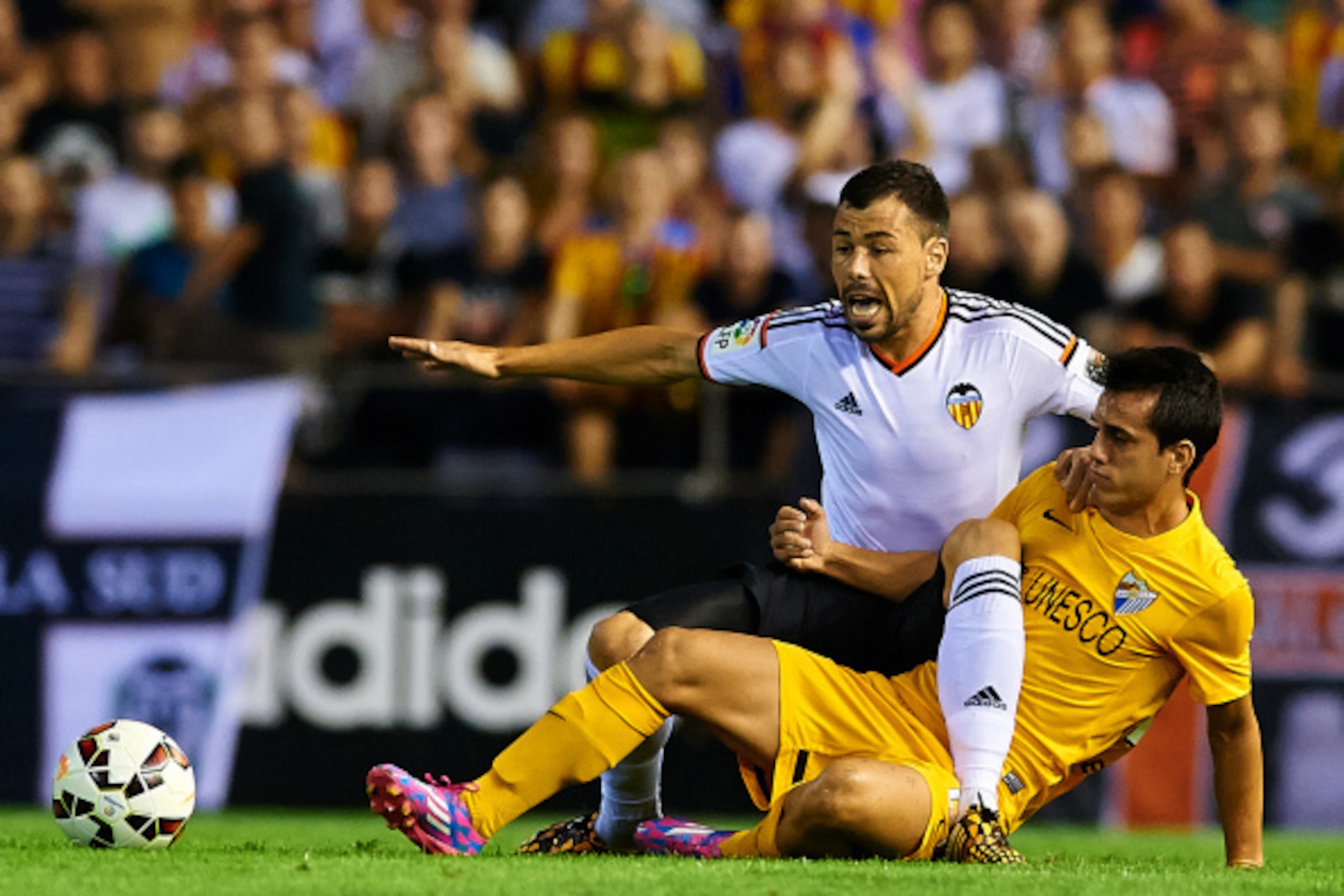 VALENCIA, SPAIN - AUGUST 29:  Javi Fuego (L) of Valencia competes for the ball with Juanmi of Malaga during the La Liga match between Valencia CF and Malaga CF at Estadi de Mestalla on August 29, 2014 in Valencia, Spain.  (Photo by Manuel Queimadelos Alon