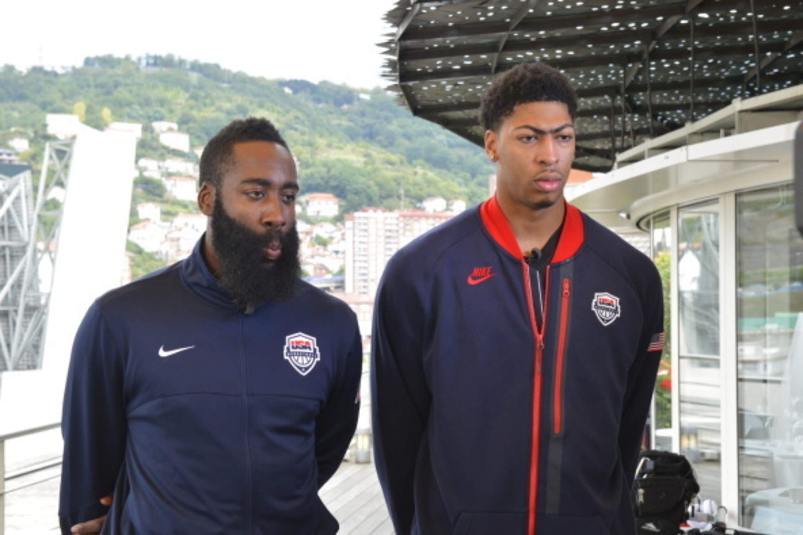 BILBAO, SPAIN - AUGUST 29:  Anthony Davis and James Harden of the USA Basketball Men's National Team talk about the FIBA 2014 world Championships on August 29, 2014 in Bilbao, Spain. NOTE TO USER: User expressly acknowledges and agrees that, by downloadin
