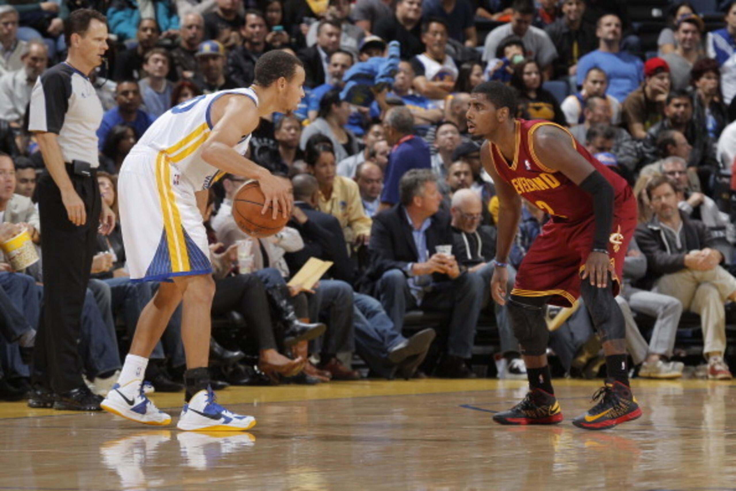 OAKLAND, CA - NOVEMBER 7: Kyrie Irving #2 of the Cleveland Cavaliers defends Stephen Curry #30 of the Golden State Warriors on November 7, 2012 at Oracle Arena in Oakland, California. NOTE TO USER: User expressly acknowledges and agrees that, by downloadi