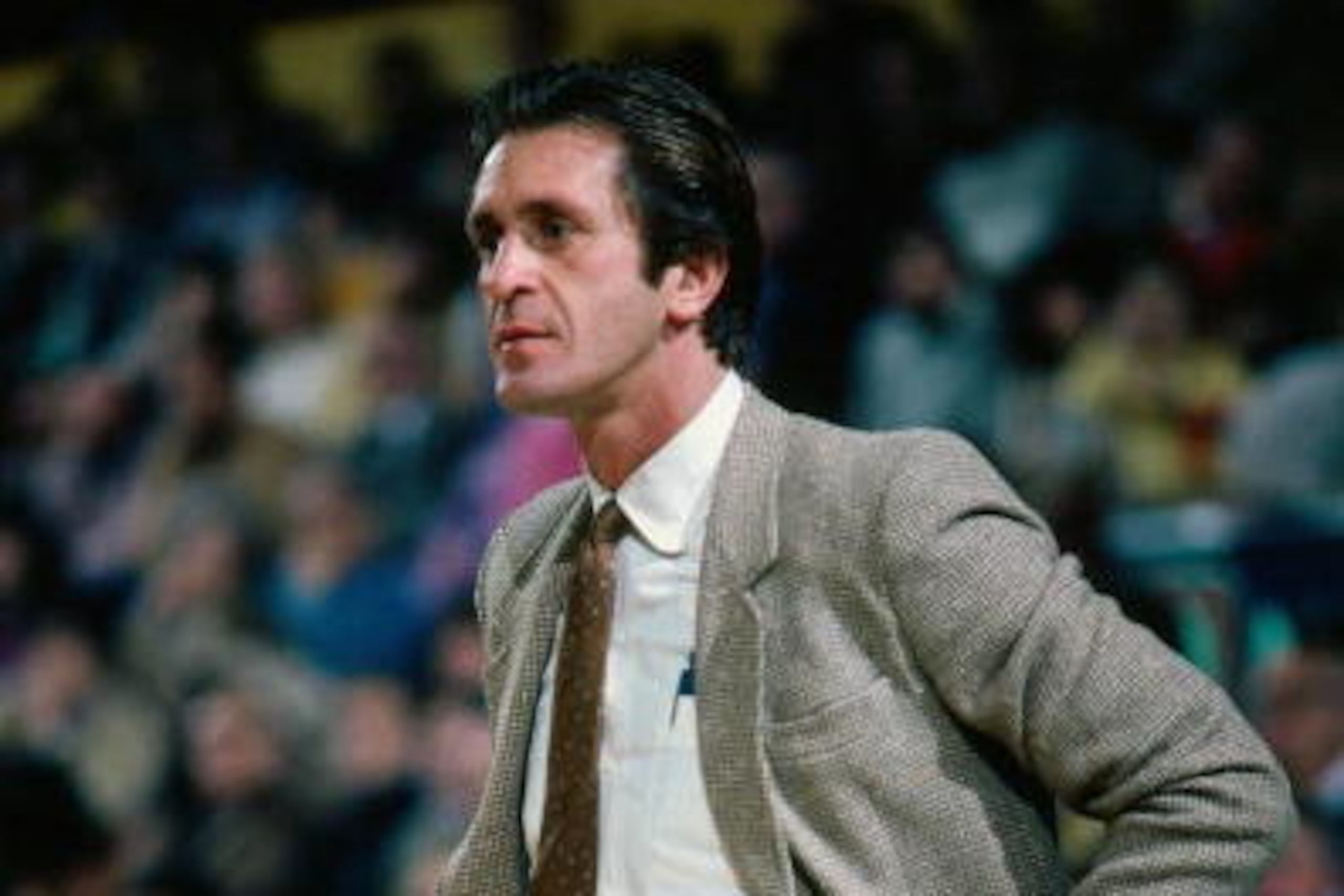 BOSTON - 1982:  Head coach Pat Riley of the Los Angeles Lakers oversees the game against the Boston Celtics played in 1982 at the Boston Garden in Boston, Massachusetts. NOTE TO USER: User expressly acknowledges and agrees that, by downloading and or usin