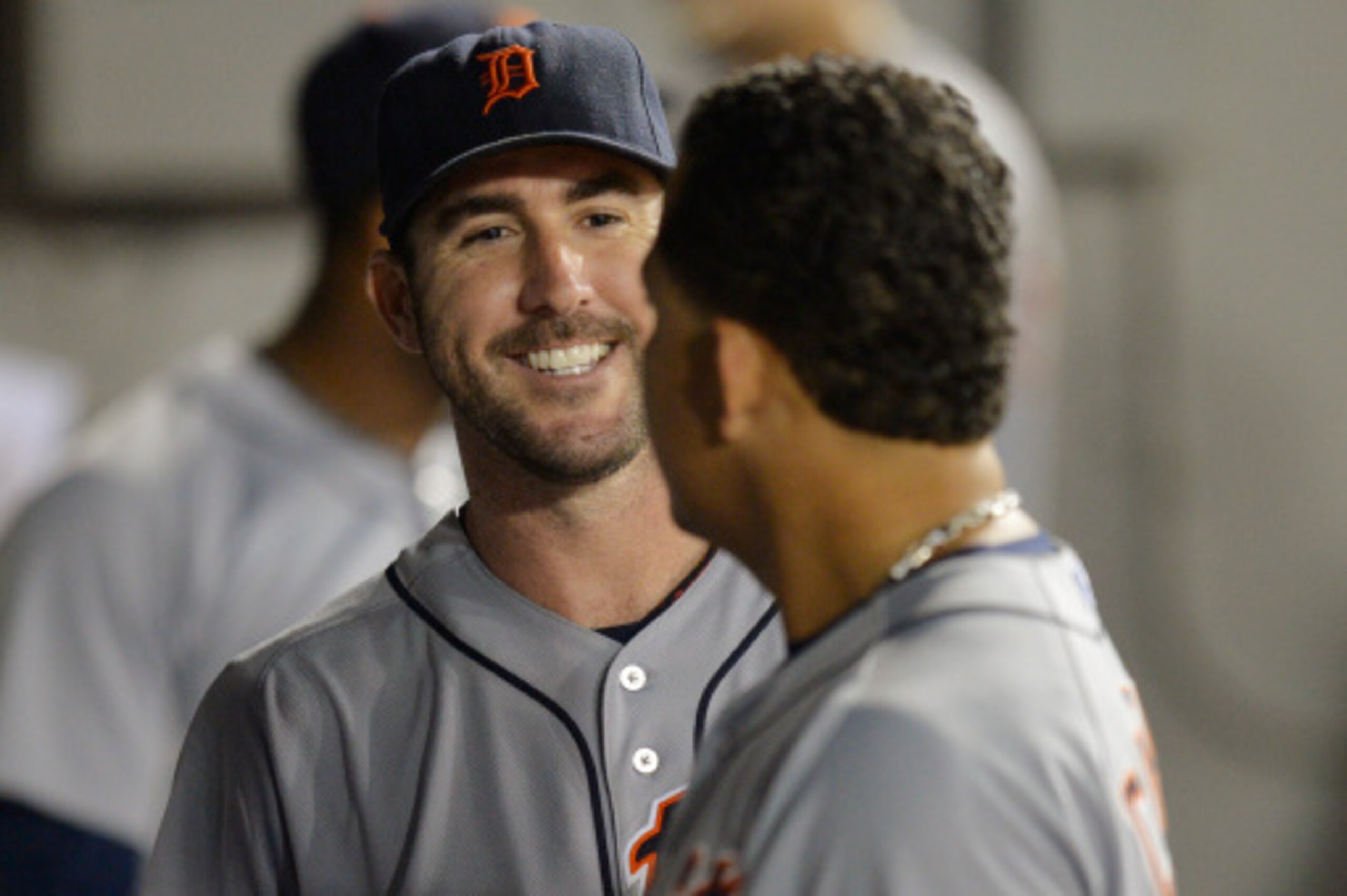 CHICAGO, IL - AUGUST 29:  Justin Verlander #35 of the Detroit Tigers (L) talks with teammate Miguel Cabrera #24 in the dugout after the seventh inning against the Chicago White Sox at U.S. Cellular Field on August 29, 2014 in Chicago, Illinois.  (Photo by