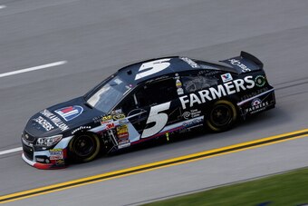 TALLADEGA, AL - MAY 02: Kasey Kahne, driver of the #5 Farmers Insurance / Thankamillionteachers.com Chevrolet, on track during practice for the NASCAR Sprint Cup Series Aaron's 499 at Talladega Superspeedway on May 2, 2014 in Talladega, Alabama.  (Photo b