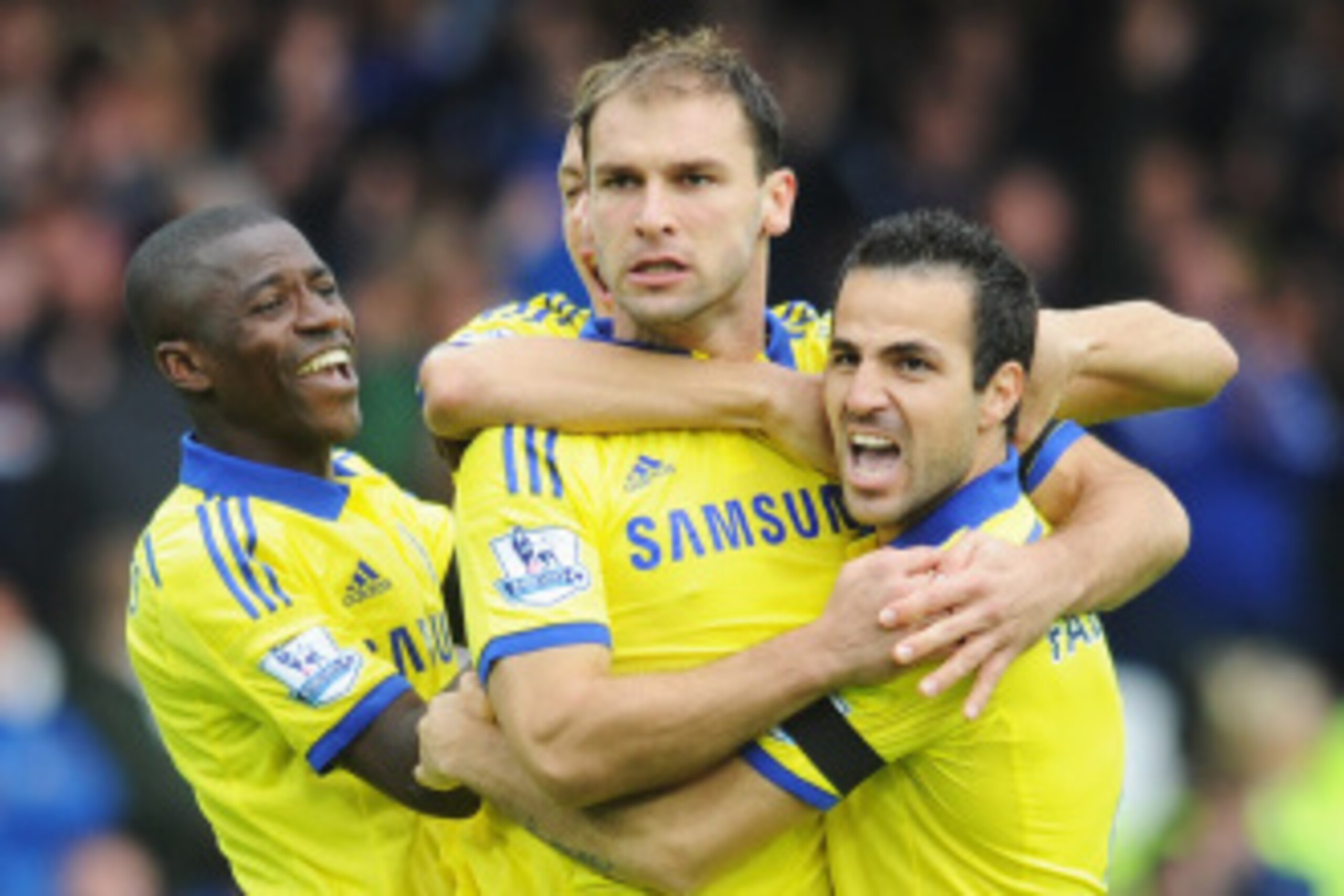 LIVERPOOL, ENGLAND - AUGUST 30:  Branislav Ivanovic of Chelsea celebrates scoring his team's second goal with team mates during the Barclays Premier League match between Everton and Chelsea at Goodison Park on August 30, 2014 in Liverpool, England.  (Phot
