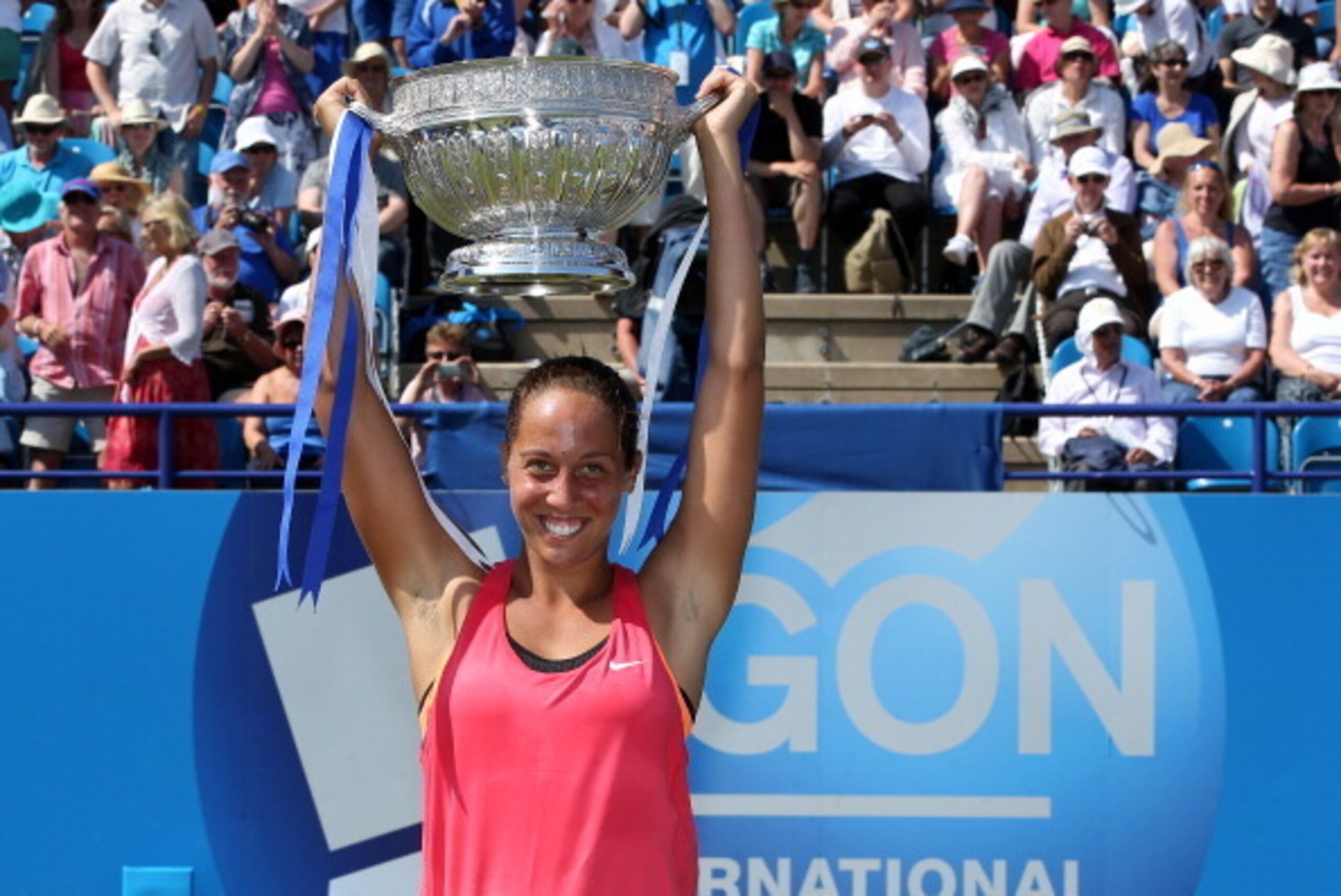 EASTBOURNE, ENGLAND - JUNE 21:  Madison Keys of USA celebrates with the trophy after beating Angelique Kerber of Germany during their Women's Finals match on day eight of the Aegon International at Devonshire Park on June 21, 2014 in Eastbourne, England. 