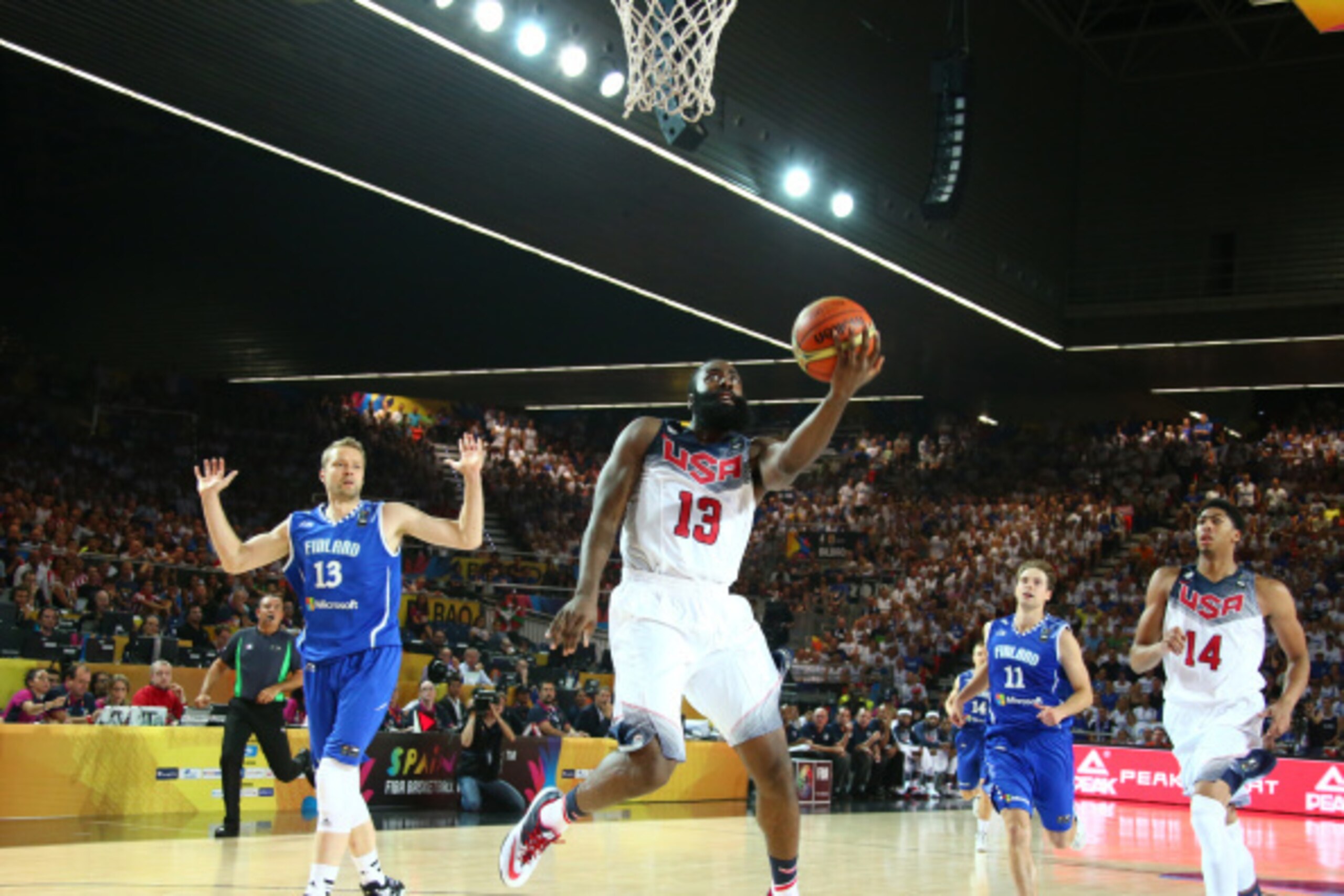 BILBAO, SPAIN - AUGUST 30: James Harden #13 of the USA Basketball Men's National Team goes up to shoot during a game against the Finland Basketball Men's National Team during the 2014 FIBA World Cup at Bizkaia Arena in Bilbao Exhibition Centre on August BILBAO, SPAIN - AUGUST 30: James Harden #13 of the USA Basketball Men's National Team goes up to shoot during a game against the Finland Basketball Men's National Team during the 2014 FIBA World Cup at Bizkaia Arena in Bilbao Exhibition Centre on August