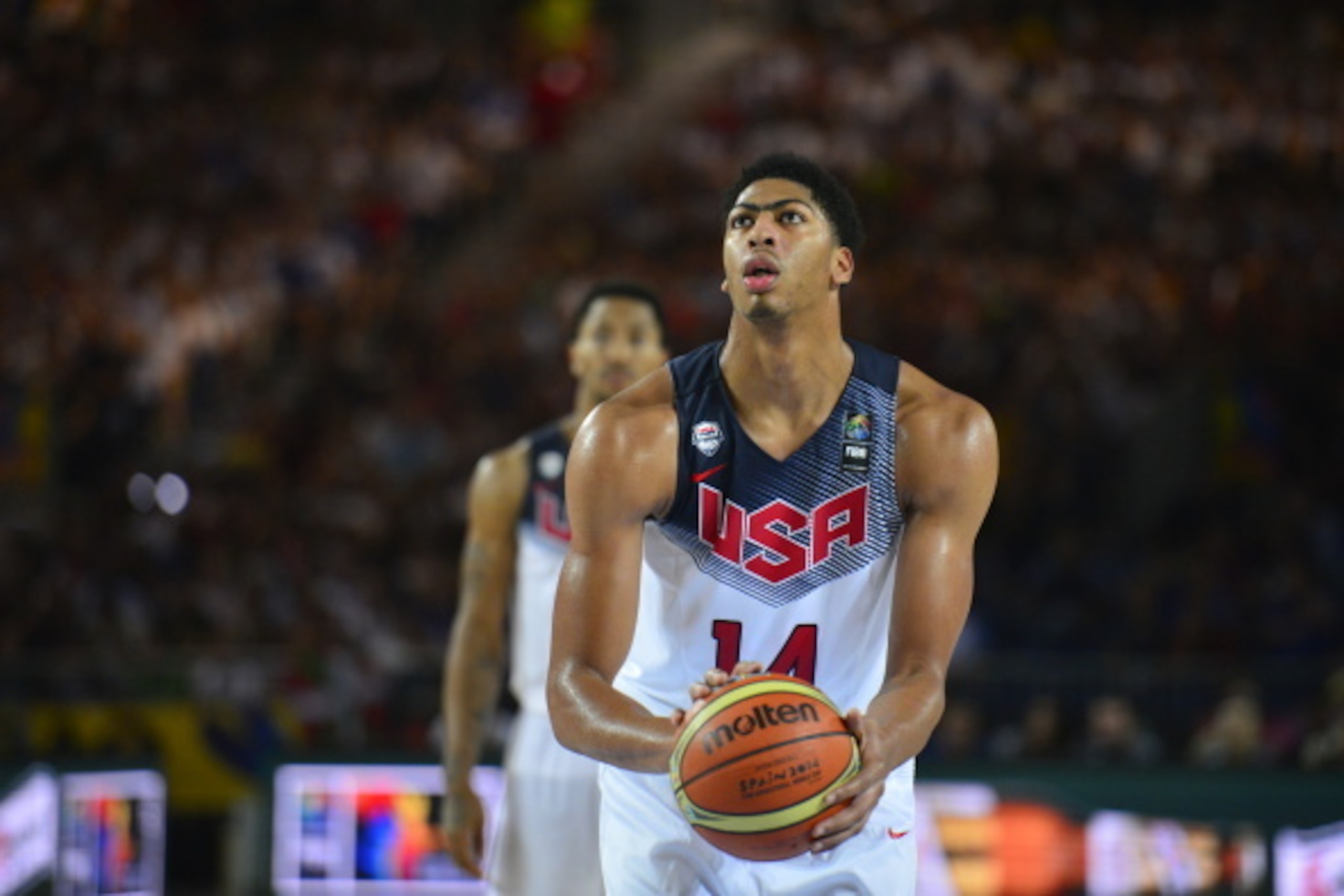 BILBAO, SPAIN - AUGUST 30:  Anthony Davis #14 of the USA Basketball Men's National Team shoots the basketball against the Finland Nation Basketball Team during the FIBA 2014 World Cup Tournament at the Bilbao Exhibition Center on August 30, 2014 in Bilbao