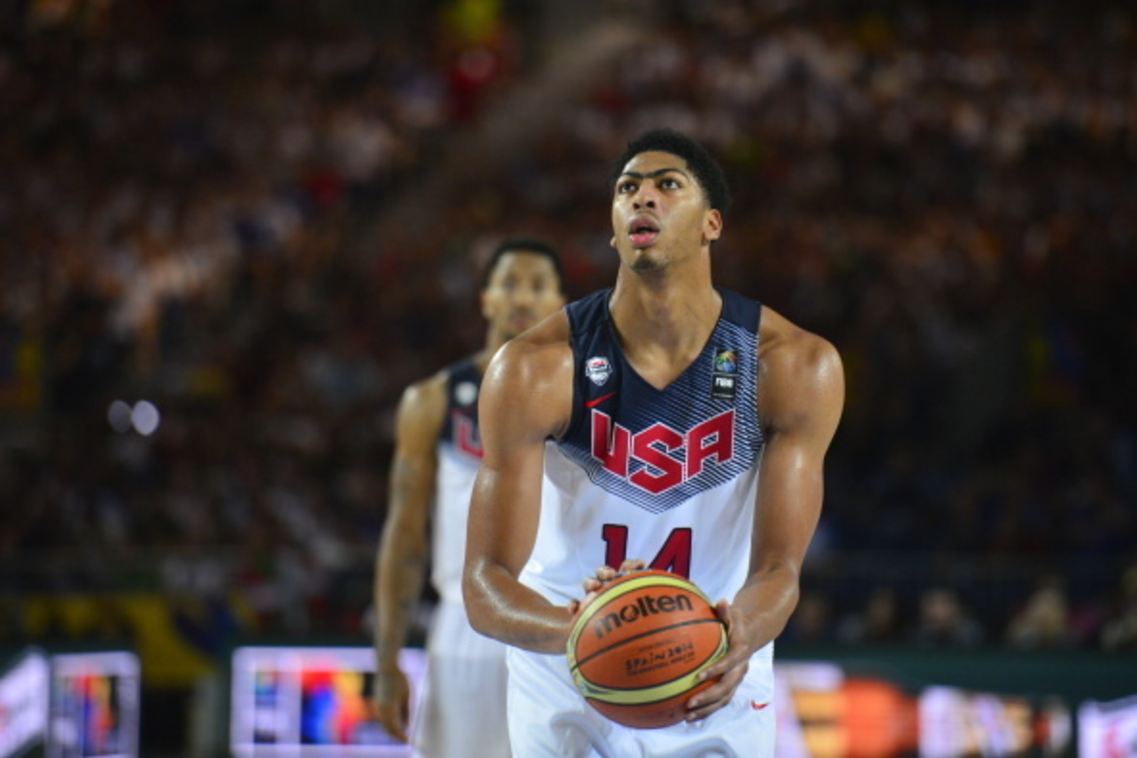 BILBAO, SPAIN - AUGUST 30:  Anthony Davis #14 of the USA Basketball Men's National Team shoots the basketball against the Finland Nation Basketball Team during the FIBA 2014 World Cup Tournament at the Bilbao Exhibition Center on August 30, 2014 in Bilbao