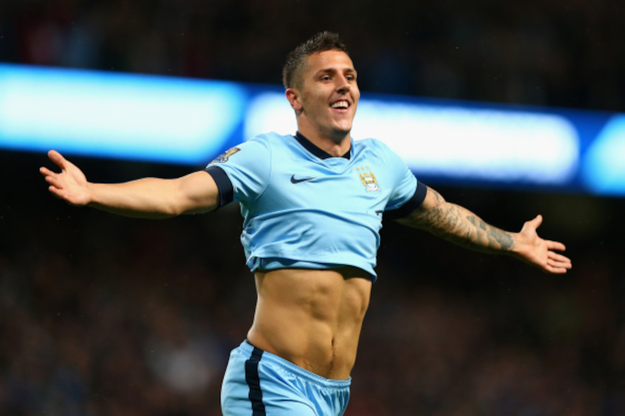 MANCHESTER, ENGLAND - AUGUST 25:  Stevan Jovetic of Manchester City celebrates scoring the second goal during the Barclays Premier League match between Manchester City and Liverpool at the Etihad Stadium on August 25, 2014 in Manchester, England.  (Photo 