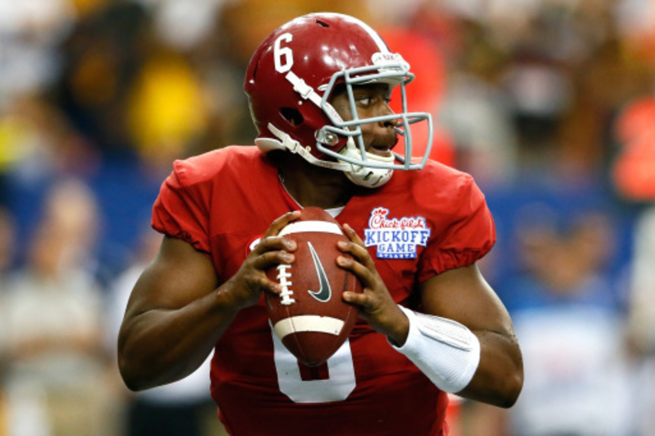 ATLANTA, GA - AUGUST 30:  Blake Sims #6 of the Alabama Crimson Tide looks to pass against the West Virginia Mountaineers at Georgia Dome on August 30, 2014 in Atlanta, Georgia.  (Photo by Kevin C. Cox/Getty Images)