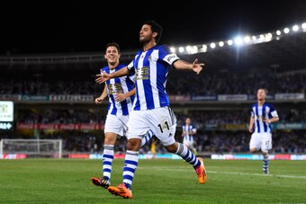 SAN SEBASTIAN, SPAIN - AUGUST 31:  Carlos Vela Garrido of Real Sociedad celebrates after scoring his team's fourth goal during the La Liga match between Real Sociedad de Futbol and Real Madrid CF at Estadio Anoeta on August 31, 2014 in San Sebastian, Spai