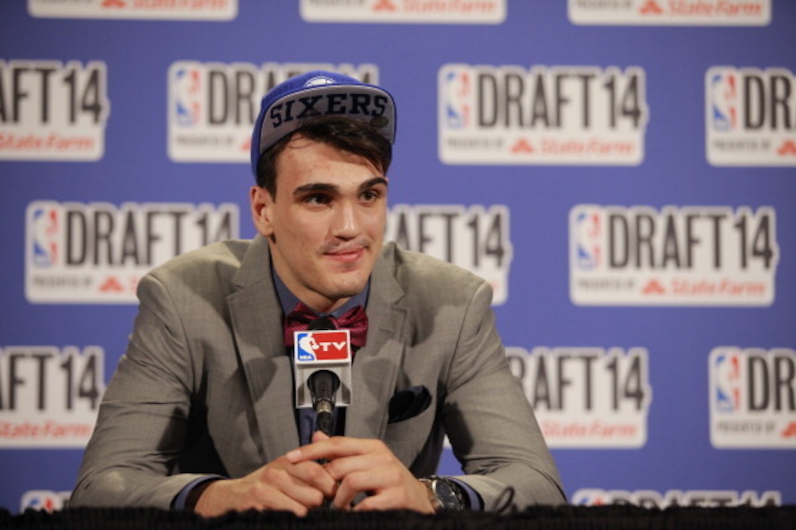 NEW YORK - JUNE 26: Dario Saric addresses the media after being selected 12th overall by the Orlando Magic later traded to the Philadelphia 76ers during the 2014 NBA Draft on June 26, 2014 at the Barclays Center in Brooklyn, New York. NOTE TO USER: User e