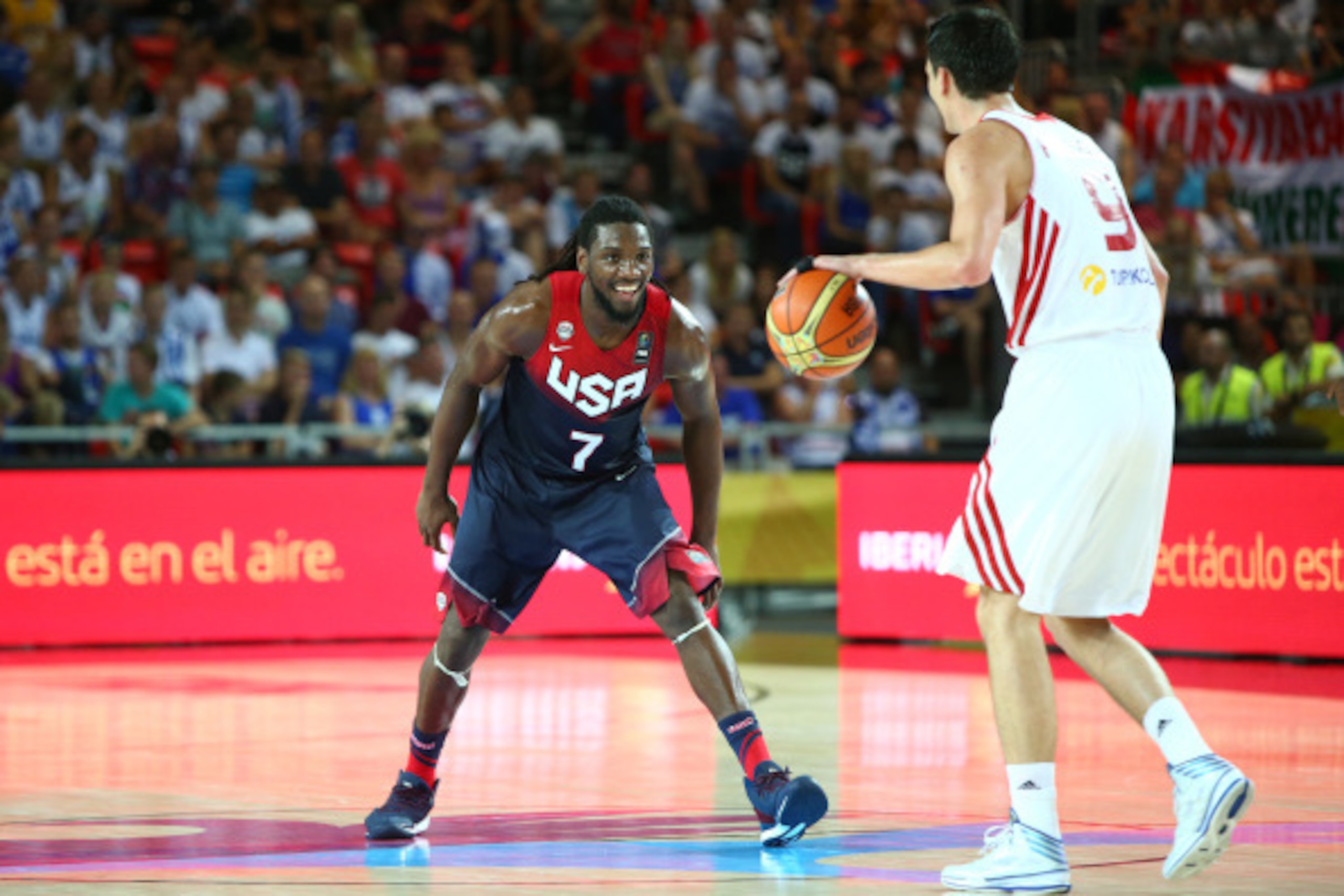 BILBAO, SPAIN - AUGUST 31: Kenneth Faried #7 of the USA Basketball Men's National Team defends against Emir Preldzic #9 of the Turkey Basketball Men's National Team during the 2014 FIBA World Cup at Bizkaia Arena in Bilbao Exhibition Centre on August 31, 