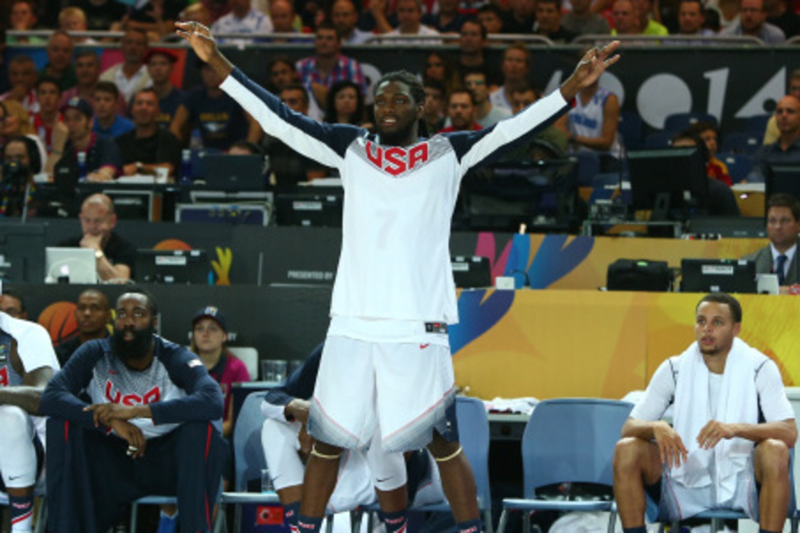 BILBAO, SPAIN - AUGUST 30:  Kenneth Faried #7 of the USA Basketball Men's National Team reacts to a game against the Finland Basketball Men's National Team during the 2014 FIBA World Cup at Bizkaia Arena in Bilbao Exhibition Centre on August 30, 2014 in B