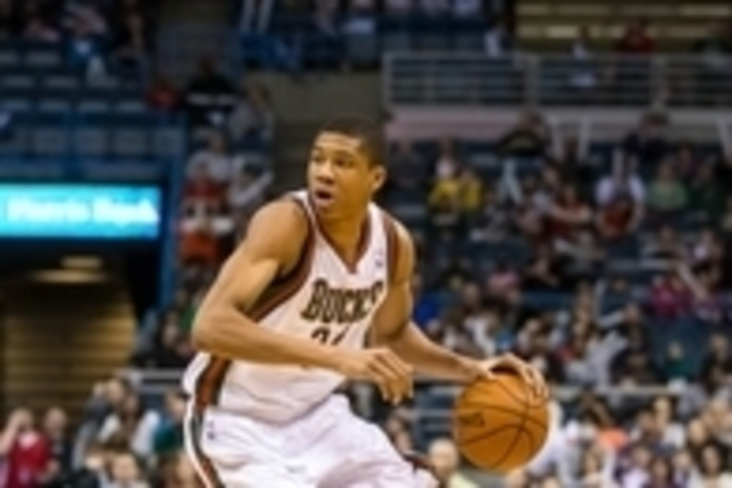 Apr 5, 2014; Milwaukee, WI, USA; Milwaukee Bucks guard Giannis Antetokounmpo (34) during the game against the Toronto Raptors at BMO Harris Bradley Center.  Toronto won 102-98.  Mandatory Credit: Jeff Hanisch-USA TODAY Sports