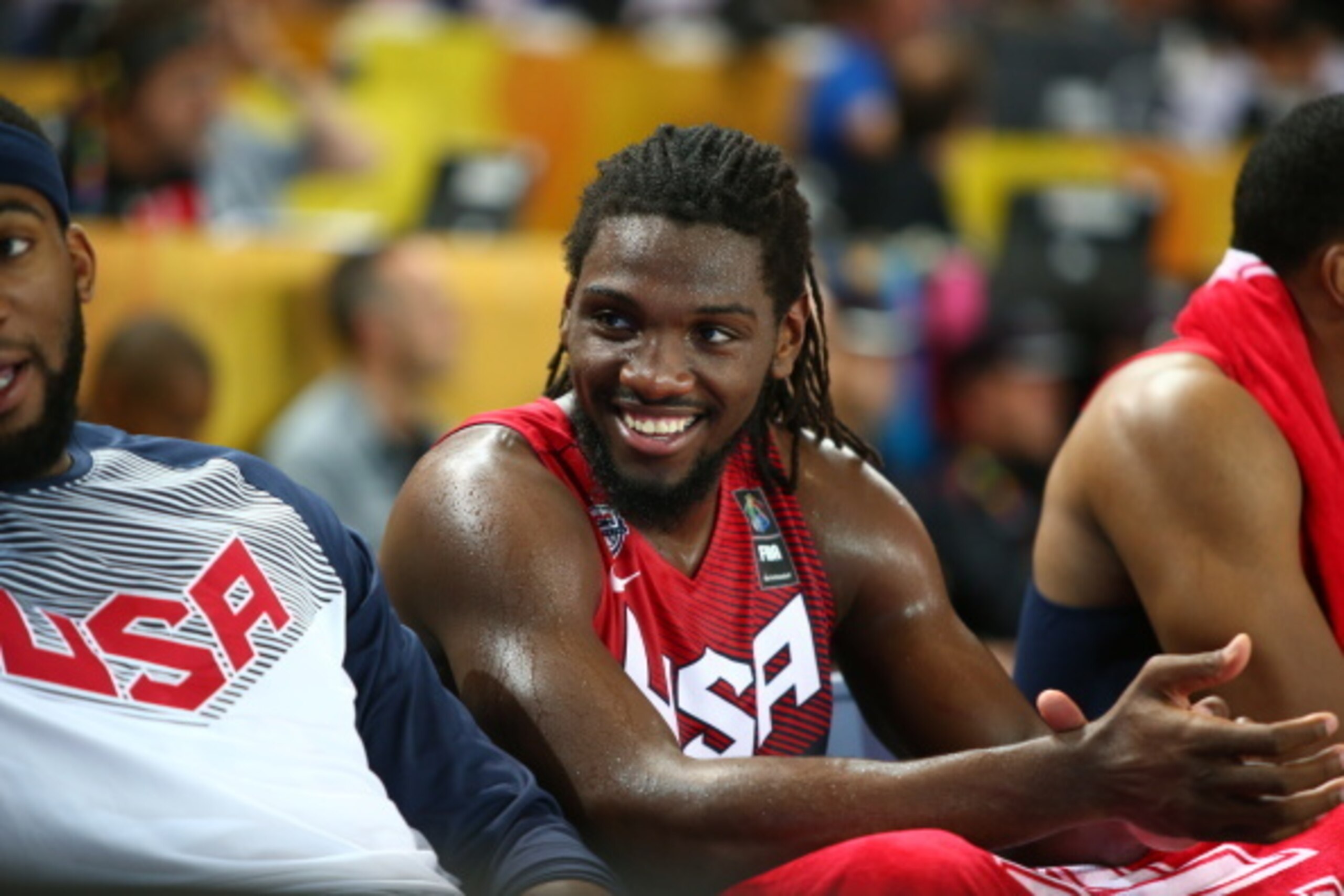 BILBAO, SPAIN - AUGUST 31: Kenneth Faried #7 of the USA Basketball Men's National Team smiles during a game against the Turkey Basketball Men's National Team during the 2014 FIBA World Cup at Bizkaia Arena in Bilbao Exhibition Centre on August 31, 2014 in BILBAO, SPAIN - AUGUST 31: Kenneth Faried #7 of the USA Basketball Men's National Team smiles during a game against the Turkey Basketball Men's National Team during the 2014 FIBA World Cup at Bizkaia Arena in Bilbao Exhibition Centre on August 31, 2014 in