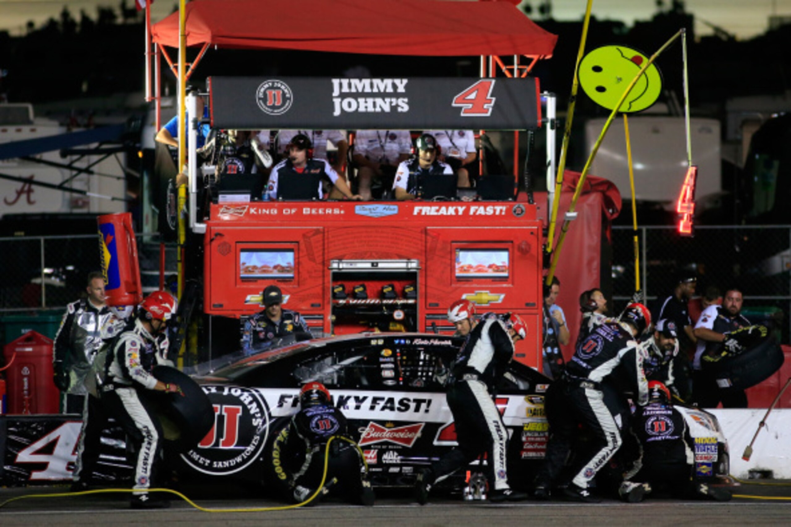 HAMPTON, GA - AUGUST 31:  Kevin Harvick, driver of the #4 Jimmy John's Chevrolet, pits during the NASCAR Sprint Cup Series Oral-B USA 500 at Atlanta Motor Speedway on August 31, 2014 in Hampton, Georgia.  (Photo by Jamie Squire/Getty Images)