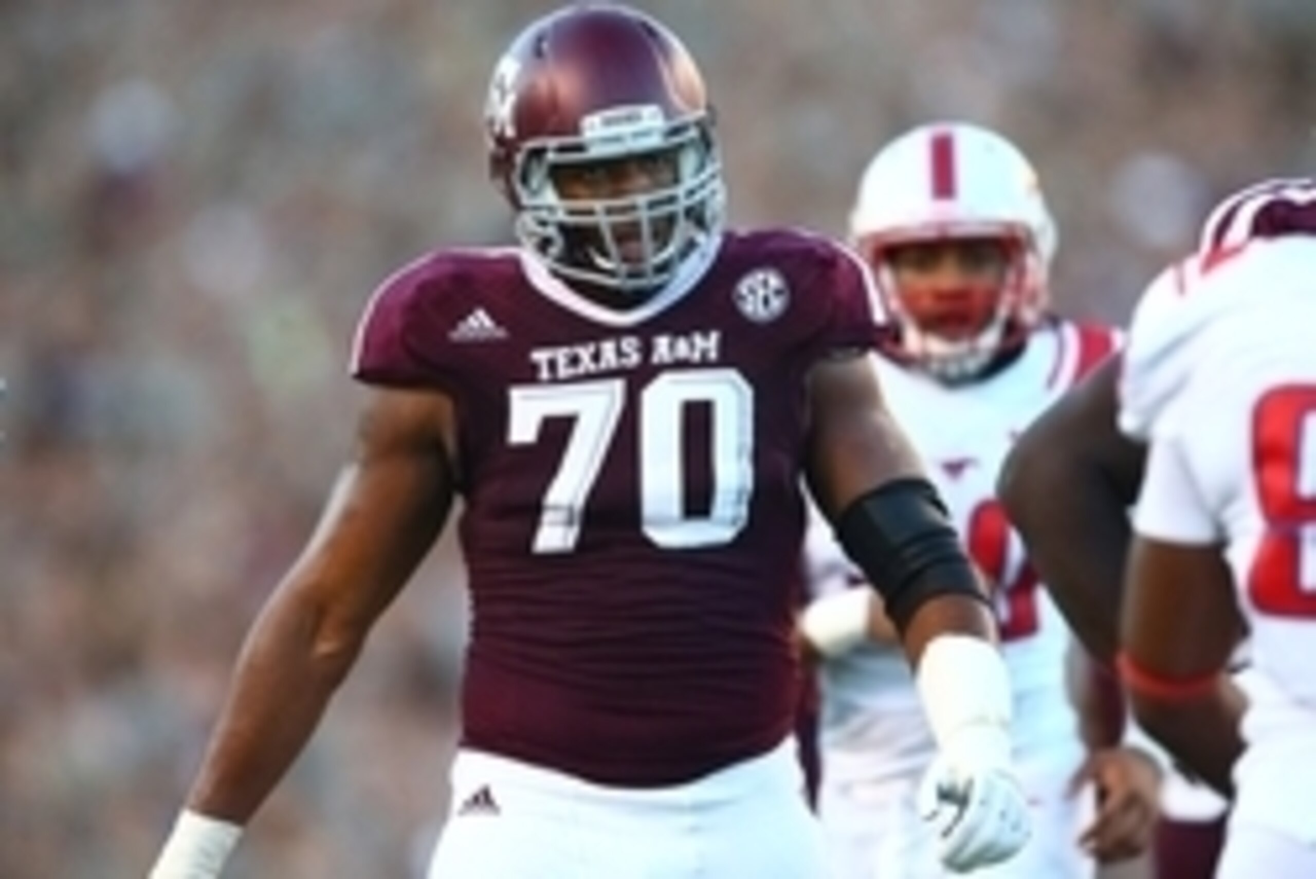 Sep 21, 2013; College Station, TX, USA; Texas A&M Aggies offensive tackle Cedric Ogbuehi (70) against the SMU Mustangs at Kyle Field. Mandatory Credit: Mark J. Rebilas-USA TODAY Sports