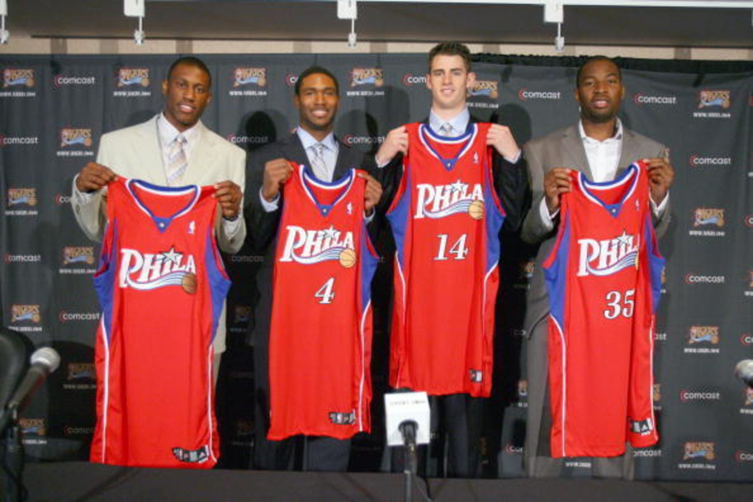 PHILADELPHIA - JUNE 30: Thaddeus Young, Jason Smith, Derrick Byars, and Herbert Hill pose for a photo during the NBA Draft press conference for the Philadelphia 76ers on June 30, 2007 at the Wachovia Center in Philadelphia, Pennsylvania. NOTE TO USER: Use