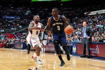 ATLANTA, GA - MARCH 21: Anthony Morrow #3 of the New Orleans Pelicans drives against the Atlanta Hawks on March 21, 2014 at Philips Arena in Atlanta, Georgia.  NOTE TO USER: User expressly acknowledges and agrees that, by downloading and/or using this Pho