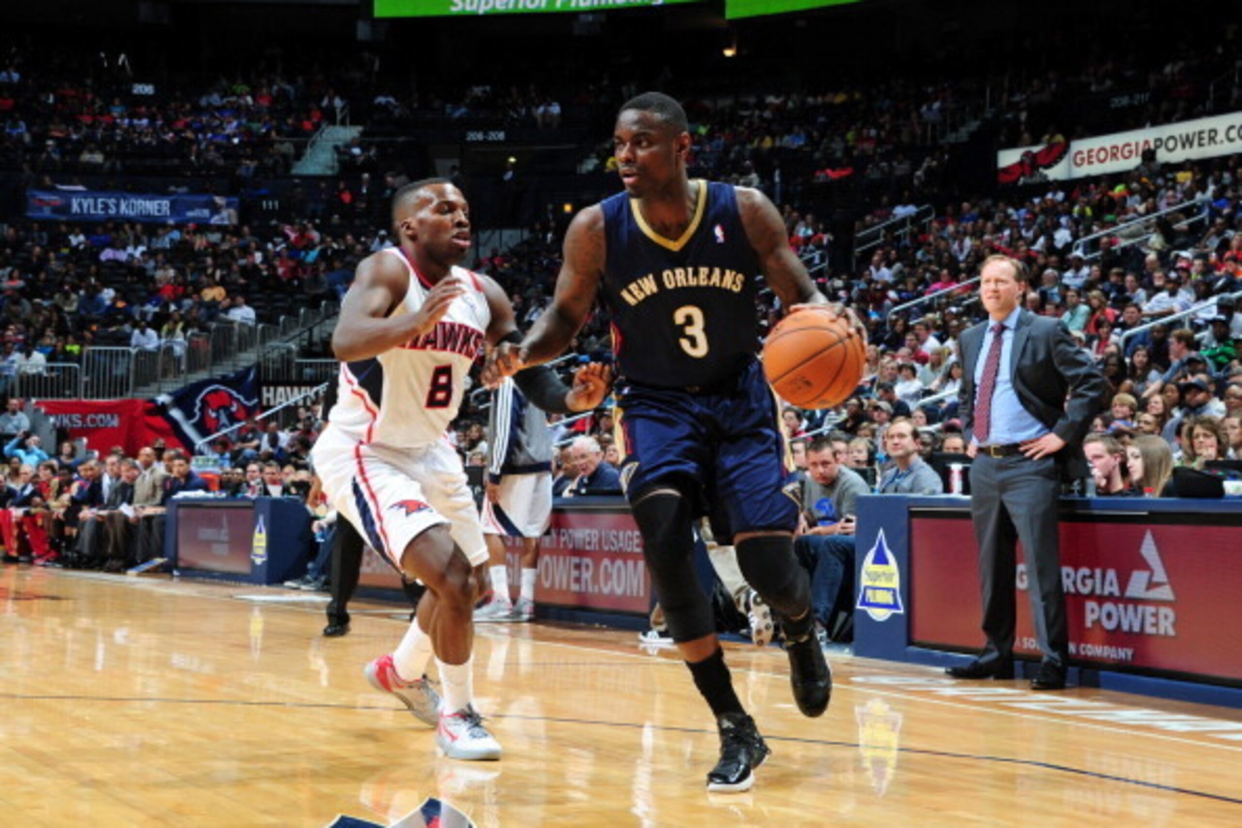 ATLANTA, GA - MARCH 21: Anthony Morrow #3 of the New Orleans Pelicans drives against the Atlanta Hawks on March 21, 2014 at Philips Arena in Atlanta, Georgia.  NOTE TO USER: User expressly acknowledges and agrees that, by downloading and/or using this Pho