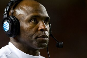 AUSTIN, TX - AUGUST 30:  Texas Longhorns head coach Charlie Strong looks on against the North Texas Mean Green on August 30, 2014 at Darrell K Royal-Texas Memorial Stadium in Austin, Texas.  (Photo by Cooper Neill/Getty Images)