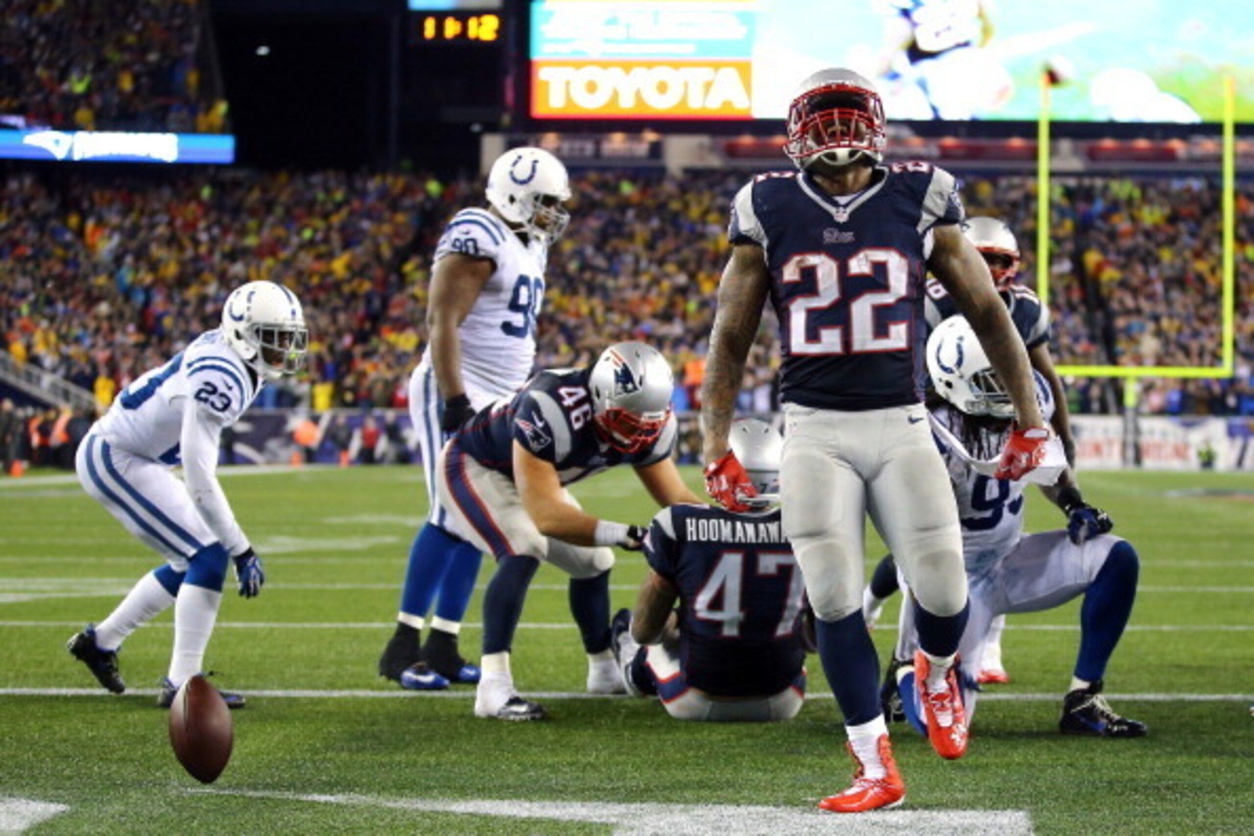 FOXBORO, MA - JANUARY 11:  Stevan Ridley #22 of the New England Patriots celebrates after scoring a touchdown in the fourth quarter against the Indianapolis Colts during the AFC Divisional Playoff game at Gillette Stadium on January 11, 2014 in Foxboro, M