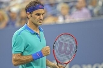 Aug 31, 2014; New York, NY, USA; Roger Federer (SUI) reacts during his match against Marcel Granollers (ESP) on day seven of the 2014 U.S. Open tennis tournament at USTA Billie Jean King National Tennis Center. Mandatory Credit: Susan Mullane-USA TODAY Sp