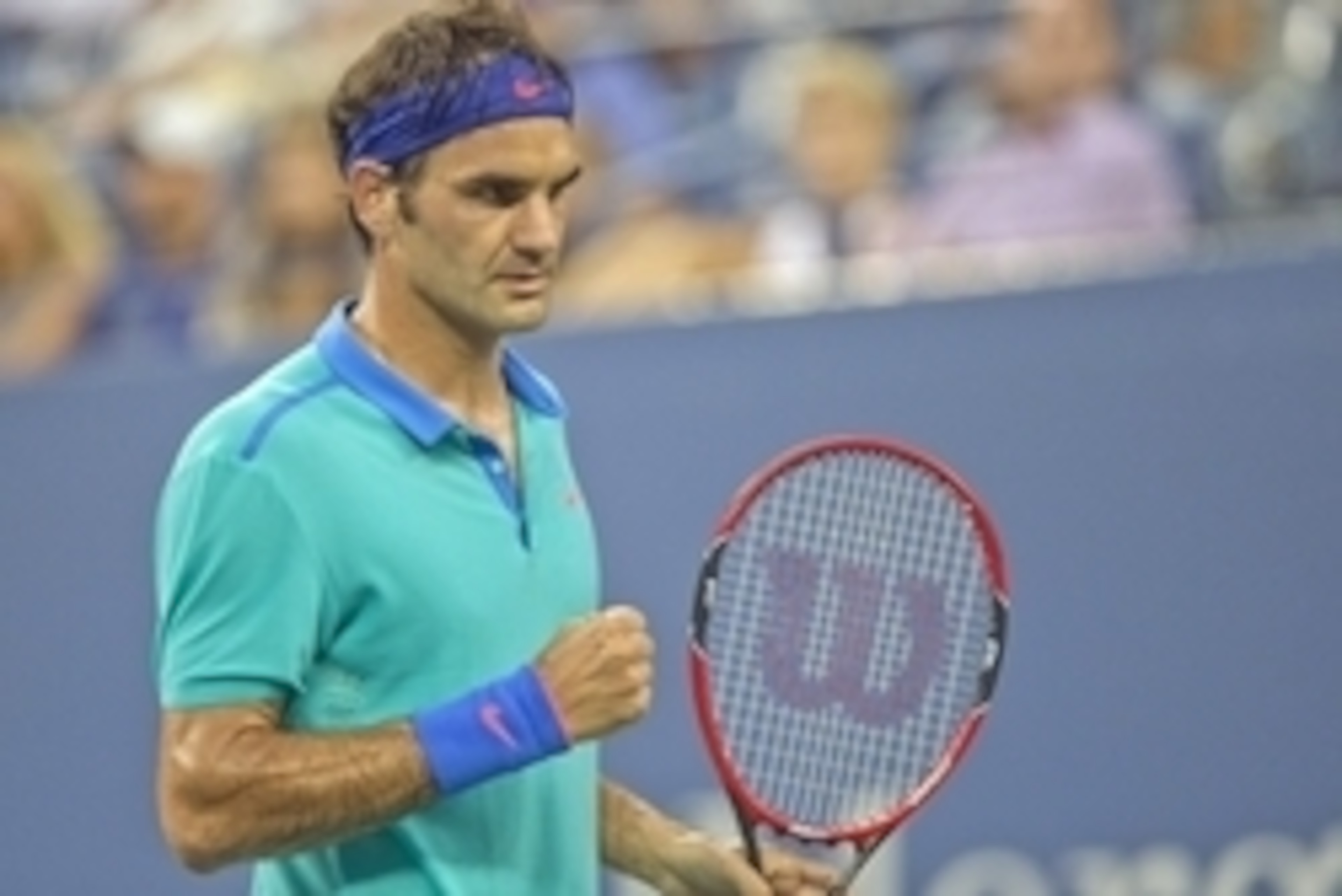 Aug 31, 2014; New York, NY, USA; Roger Federer (SUI) reacts during his match against Marcel Granollers (ESP) on day seven of the 2014 U.S. Open tennis tournament at USTA Billie Jean King National Tennis Center. Mandatory Credit: Susan Mullane-USA TODAY Sp