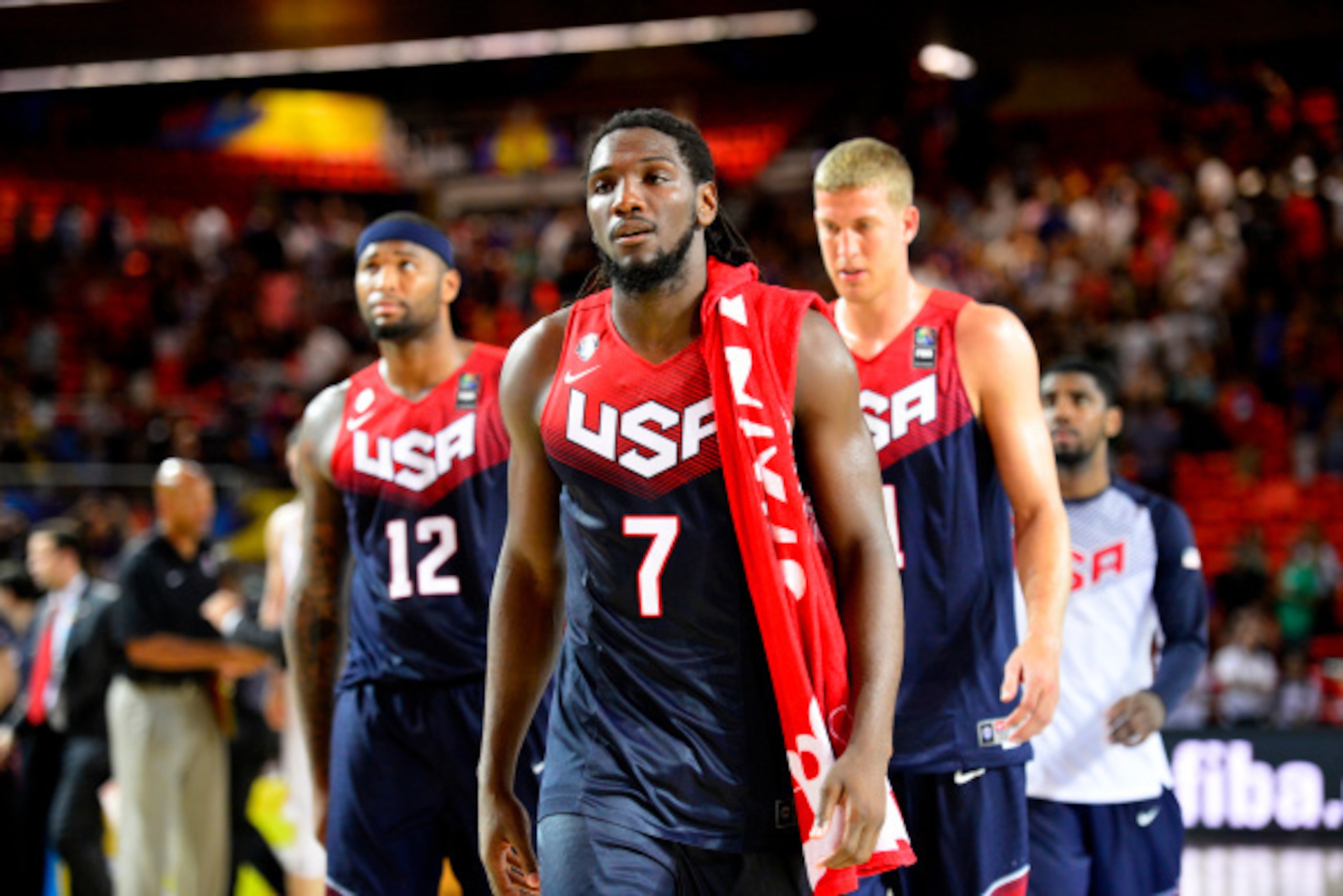 BILBAO, SPAIN - AUGUST 31: Kenneth Faried #7, DeMarcus Cousins #12 and Mason Plumlee #11 of the USA Basketball Men's National Team after the game against the Turkey Basketball Men's National Team during the 2014 FIBA World Cup at Bizkaia Arena in Bilbao E